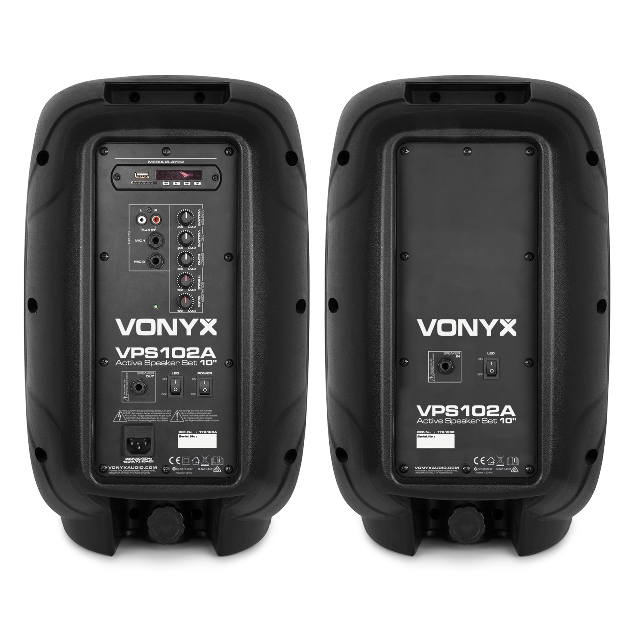 Vonyx VPS102A – Sistema de Sonido Activo 600W con 2 Altavoces 10”, Bluetooth, USB, SD, micrófono, Soportes y LED rítmicos, Altavoz Karaoke portátil Potente para Fiesta y DJ, Color Negro