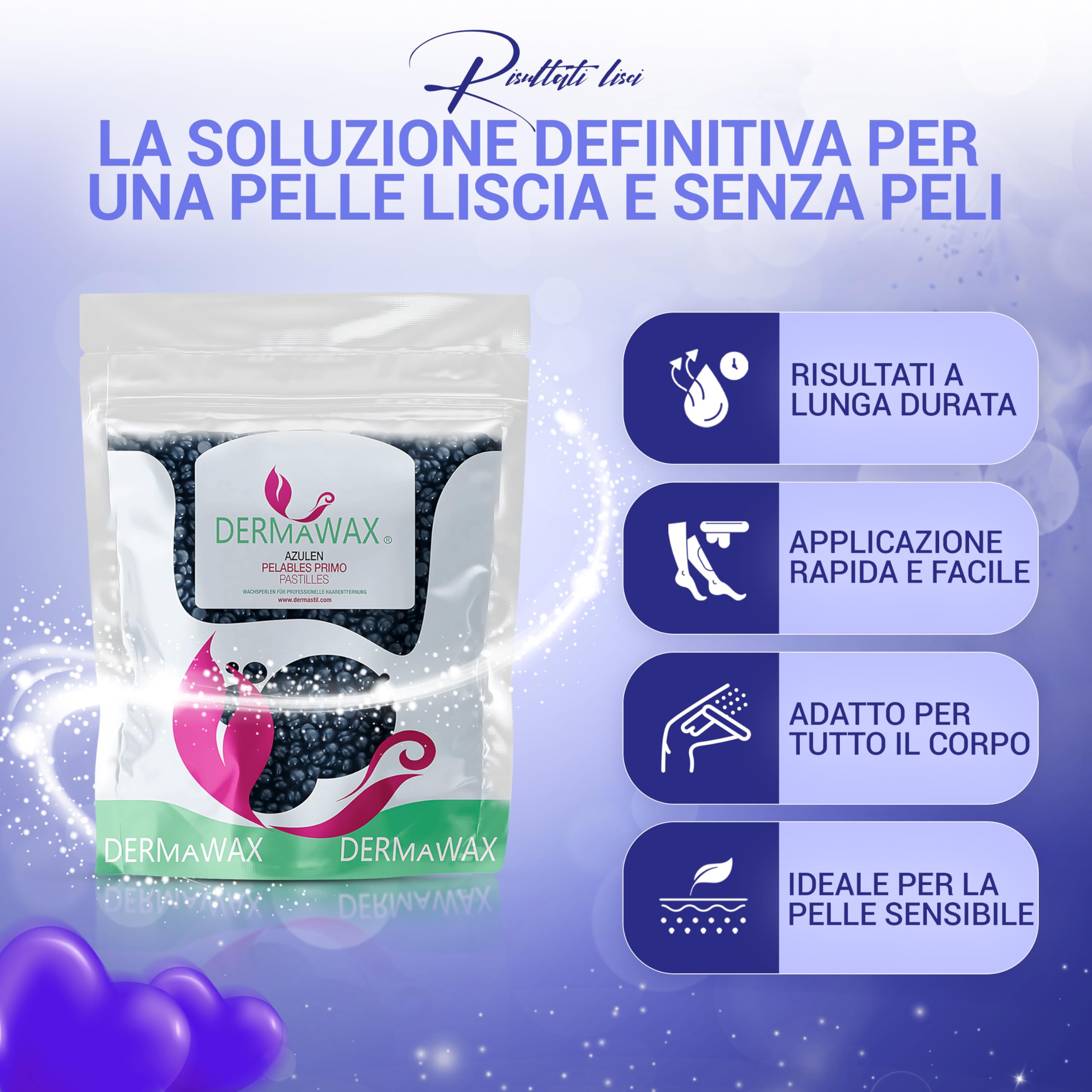 Dermawax Cera Brasiliana Professionale Cera Brasiliana perle per ceretta depilatoria senza strisce, Ceretta indolore per uomo e donna, a bassa temperatura 2 kg Azulene
