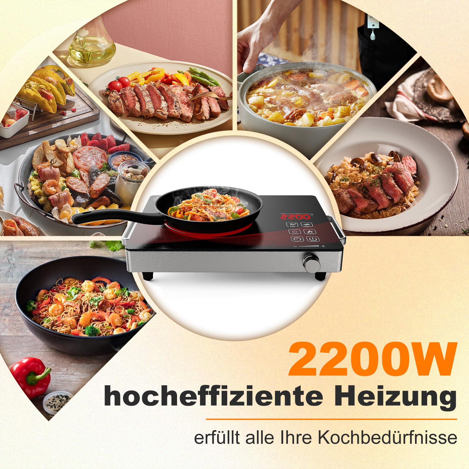 Glaskeramik Kochplatte 1 Platte Tragbar, Keramik Kochfeld Kochplatte 1er, Elektrisch Herdplatte mit Stecker, 18 Leistungsstufen, Timer, Kindersicherung, 2200W, 220-240V