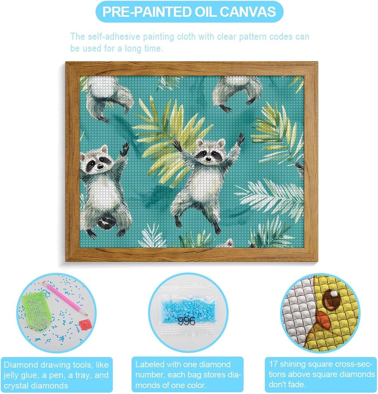 Dancing Raccoons Palm Leaves Printed Diamond 5D Painting Kits DIY Full Drill Crafts for Home Wall Decor 16x20 Inch Yellow Wood 50 * 40cm
