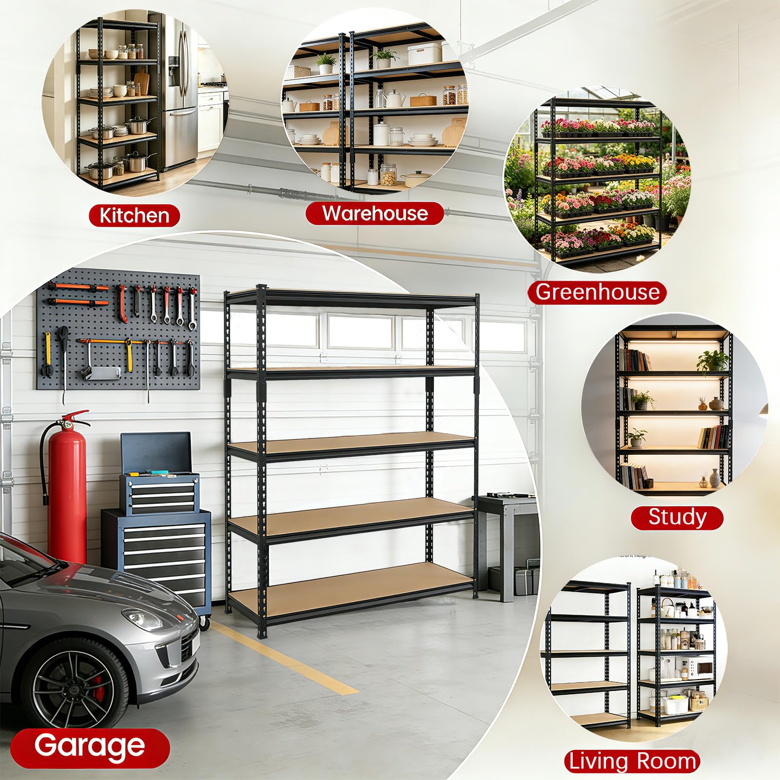 Schwerlastregal mit 5 Ebenen, multifunktionales Metall-Garagenregal, hohe Tragfähigkeit, Lagerregale für Garage, Lager, Keller, Werkstatt und Heimlagerung