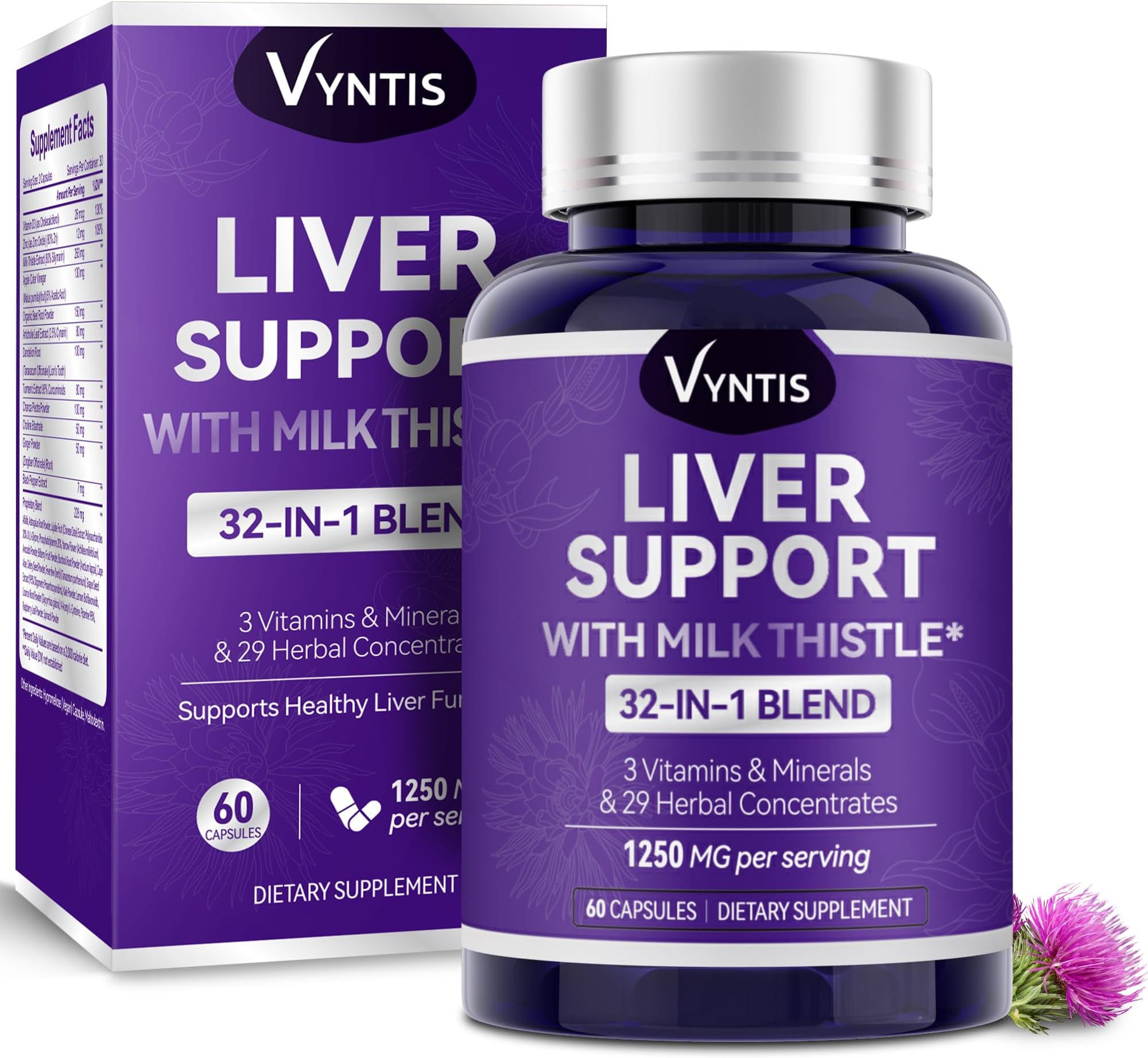 32-in-1 Liver Cleanse Detox & Repair - Liver Support Supplement with Milk Thistle, Artichoke Extract, Dandelion Root & Beetroot Powder for Liver Health - 1250mg per Serving (60 Capsules)