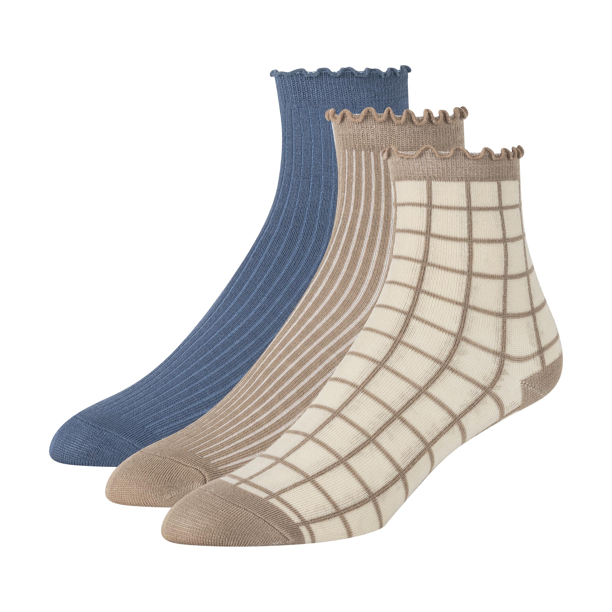 Ted Baker Women's 3 Pack Ruffle Anklet Socks, Savannah Tan/Blue Horizon, One Size