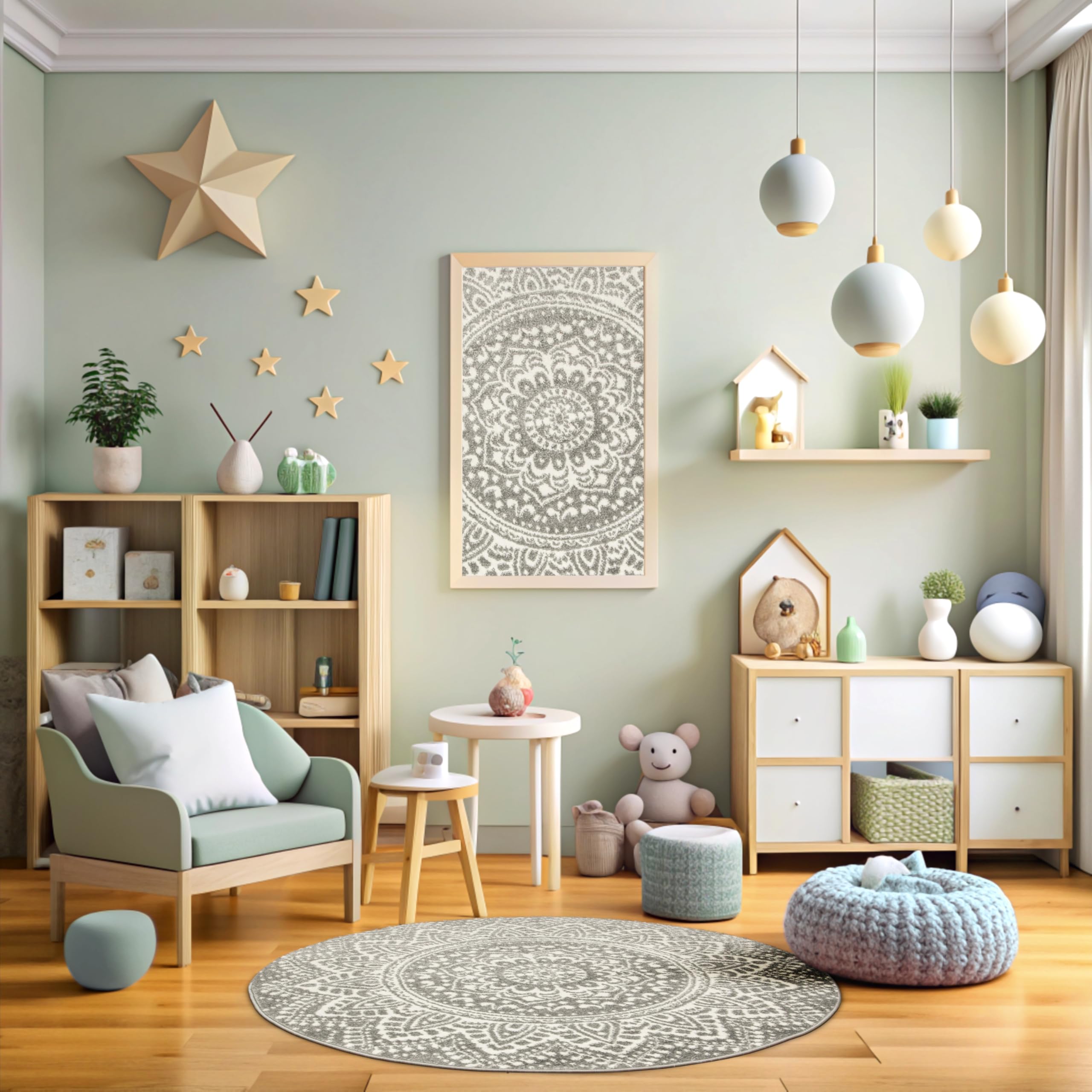 Teppich Runder Muster Mandala Boho 140cm Weiß Grau, moderne Teppiche Wohnzimmer kurzflor, Teppiche Area Gegend, Tepich Schlafzimmer,Bedroom Rug