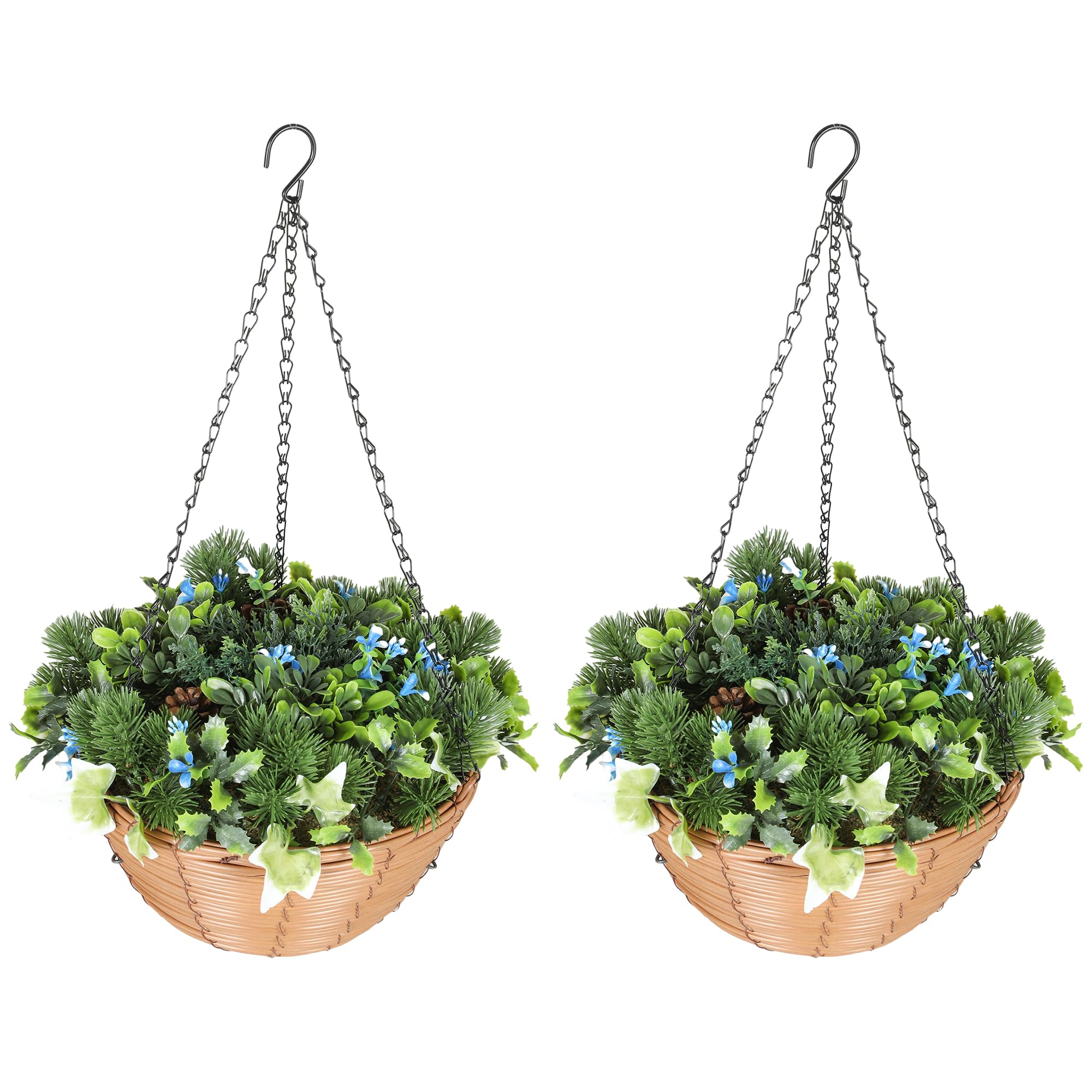 Homcom Green Pack Of 2 Faux Plant Artificial Lisianthus Flowers With 18 Blooms And 3 Pinecones, Hanging Planters With Basket, Pe Leaves, Decorative Fake Plants For Home Office Decor,