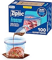 Ziploc Quart Freezer Bags with Stay Open Design & Grip n' Seal - Easy Fill Stand-Up Bottom, Microwave Safe, 100 Count