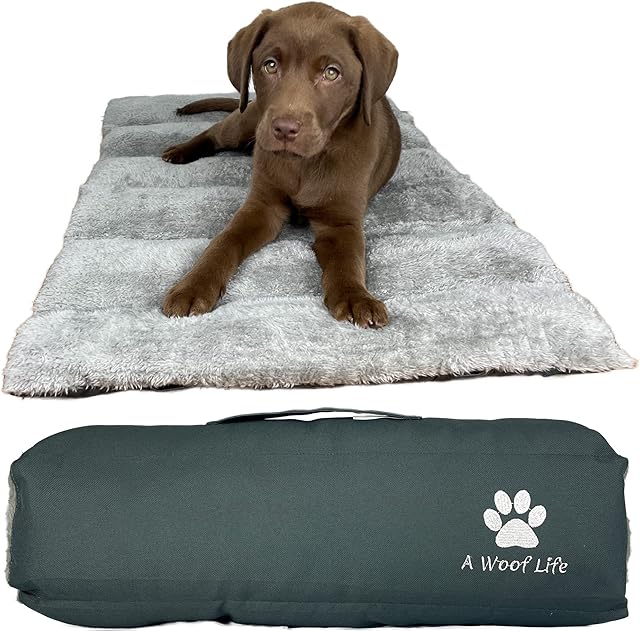 A Woof Life Small / Puppy Travel Dog Bed. Indoor & Outdoor Roll Up Mat with Water Resistant Base and Soft Upper-side. Great for a Garden, Camping, Car Boot, Crate, or Office.
