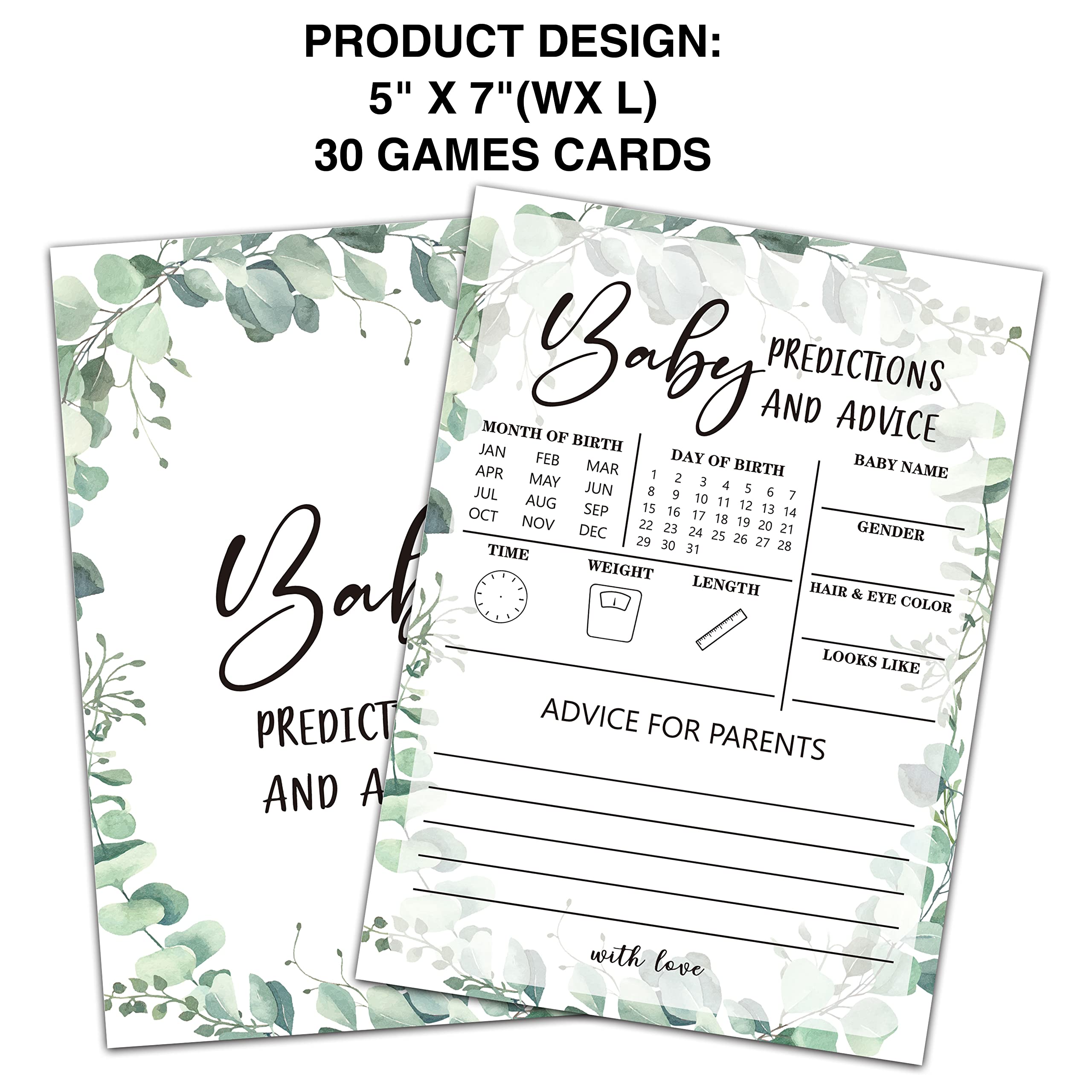 Baby Shower Prediction & Advice Game Cards - Set Of 30, 5x7 Inch, Greenery & White Theme
