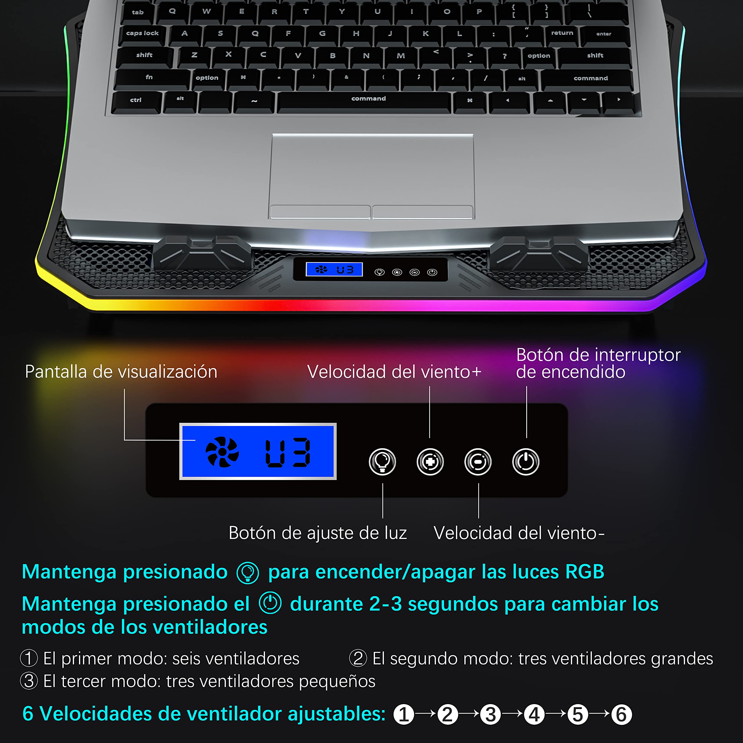 TopMate C12 Base Refrigeradora Portatil Gaming RGB para Escritorio y Regazo, Refrigeración para Portátiles de 15,6-17,3", 8 Alturas Ajustables con 6 Ventiladores y Soporte Teléfono-Luz LED Azul Hielo