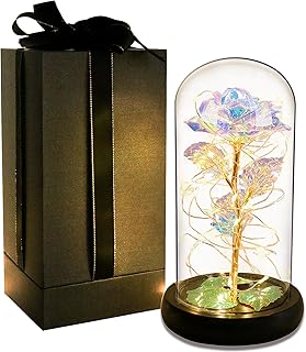 Gift for Mom Galaxy Rose Colorful Rose Flower in Glass Dome Led Light String on 24K Gold Foil Rainbow Rose Gifts for Women...