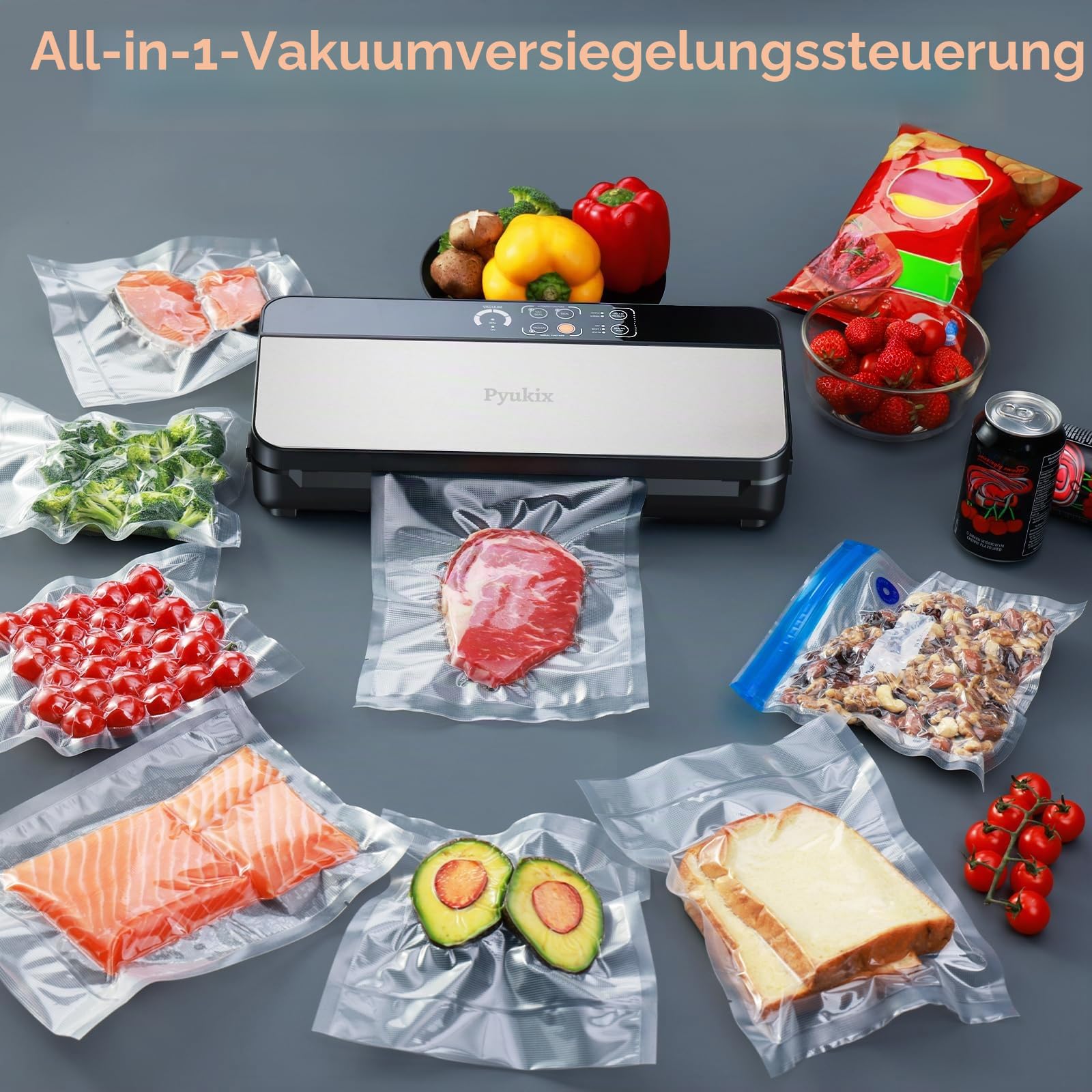Vakuumiergerät für Lebensmittel, 80 kPa Vakuumierer 8-in-1-Modus (Trocken/Feucht), mit Integriertem Cutter und Aufbewahrung, Digitalem Countdown, Luftansaugschlauch, 2-Rollbeuteln und 11-Vakuumbeuteln