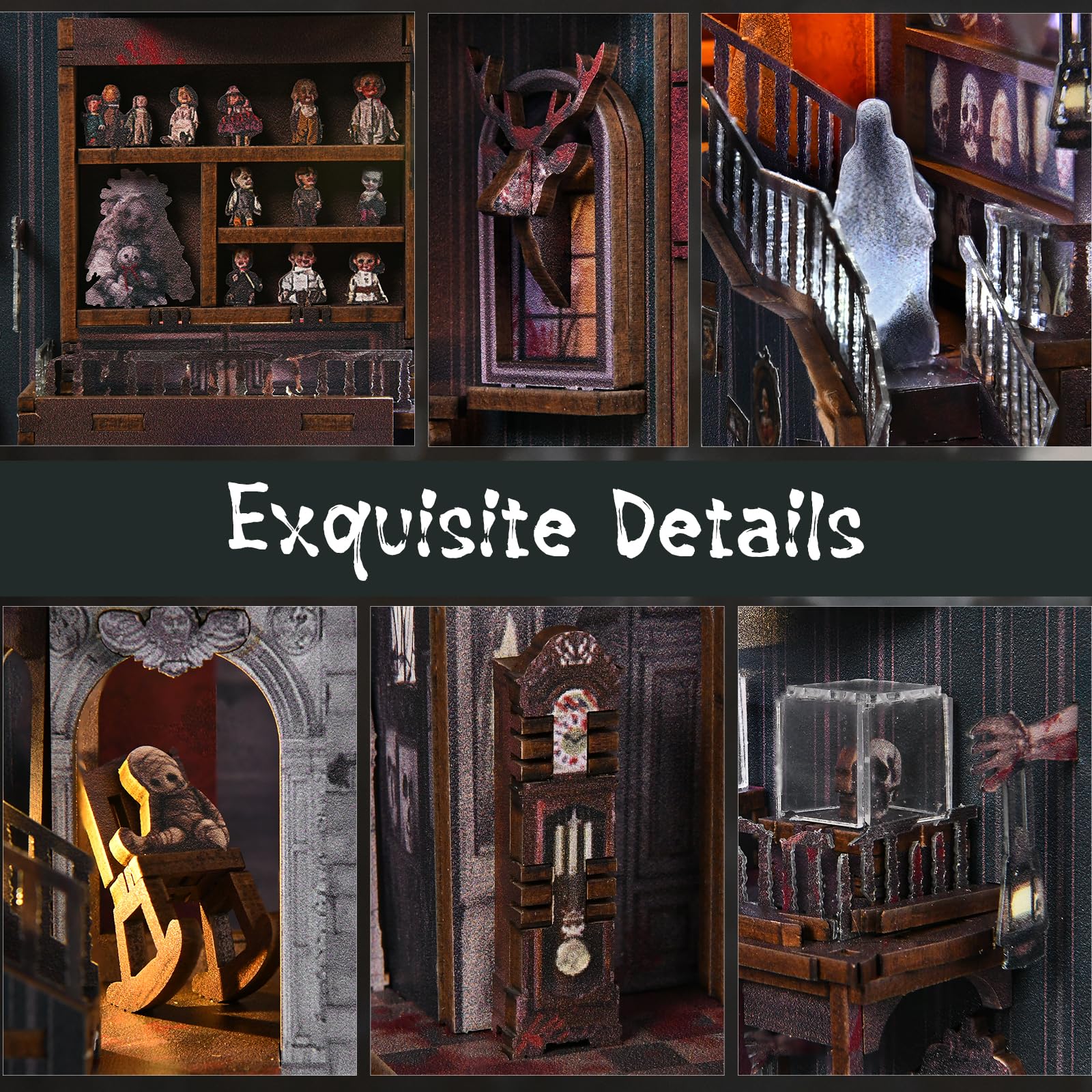 MiniCity Book Nook - Kit di costruzione 3D in miniatura per casa delle bambole con luce LED e protezione antipolvere – Haunting Relics