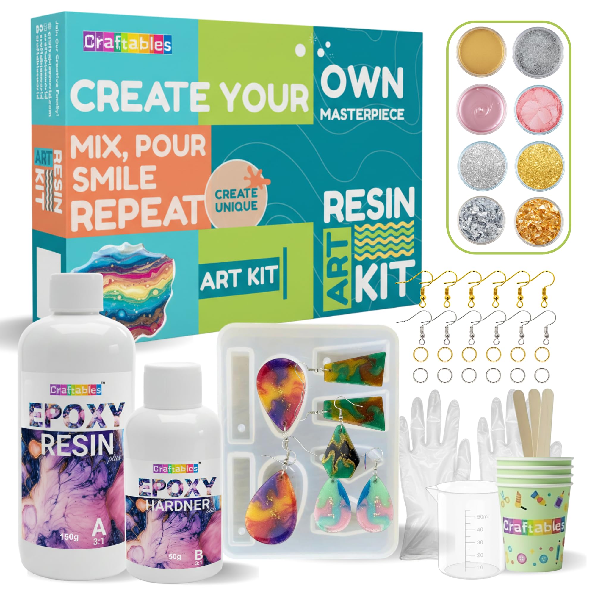 Craftables DIY Resin Earring Making Kit for Beginners & Adults | 200g Clear Resin, Silicone Mould, Glitters, Micas, Foil Flakes, Pigment, Hooks & Tools | Complete Resin Art kit with Moulds