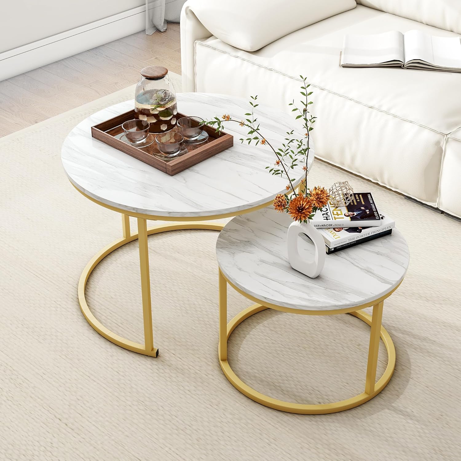Round Coffee Table Set of 2 End Tables for Living Room,Circular and Marble Nesting Coffee Table Wooden Accent Furniture with Golden Metal Frame,Stacking Side Tables,White