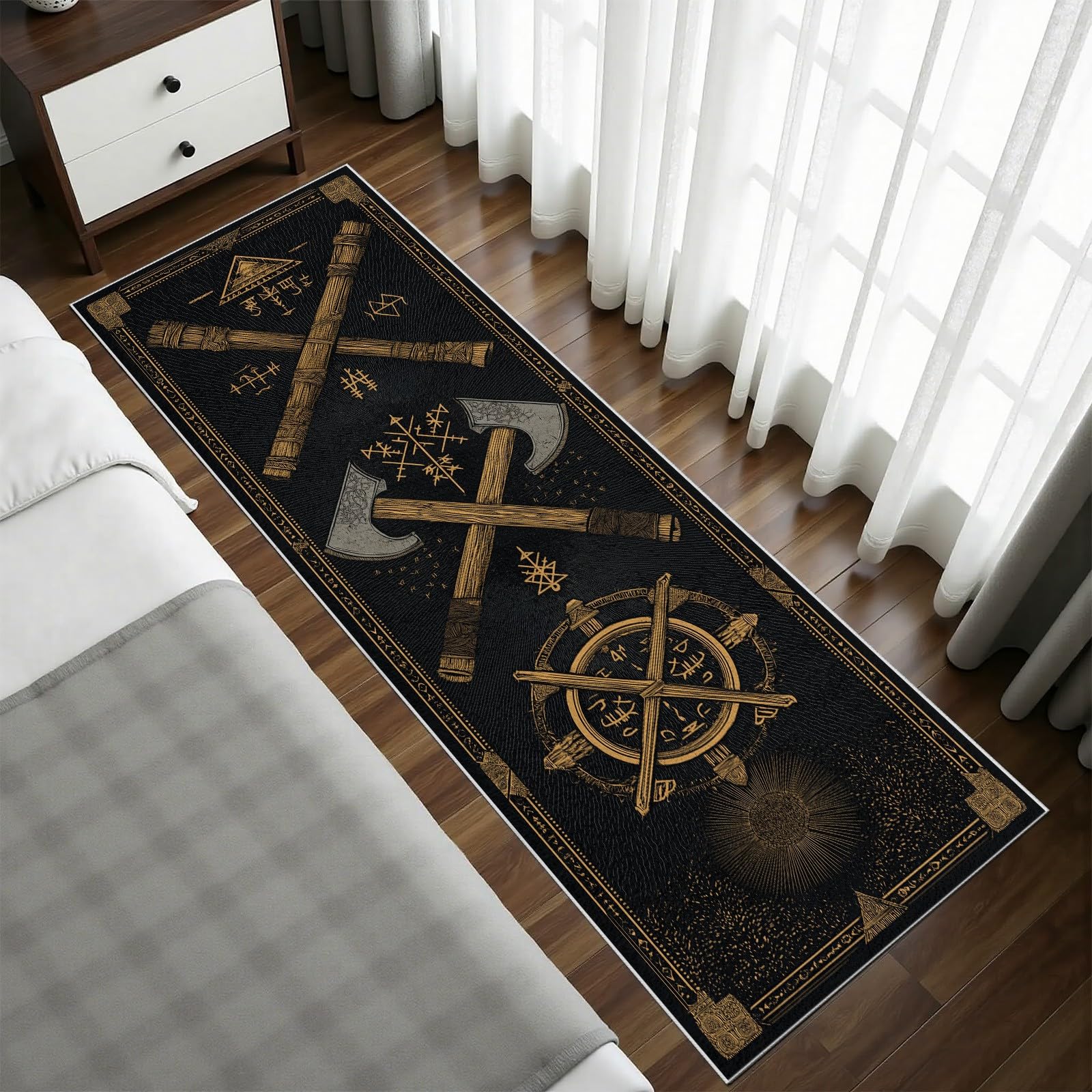 Wikinger Axt Teppich Läufer, Wikinger Totem Rune rutschfest Küchenteppich 60x210 cm, Mid Century Kurzflor Küchenläufer Waschbar, Faltbar, Teppichläufer Carpet für Küche, Wohnzimmer