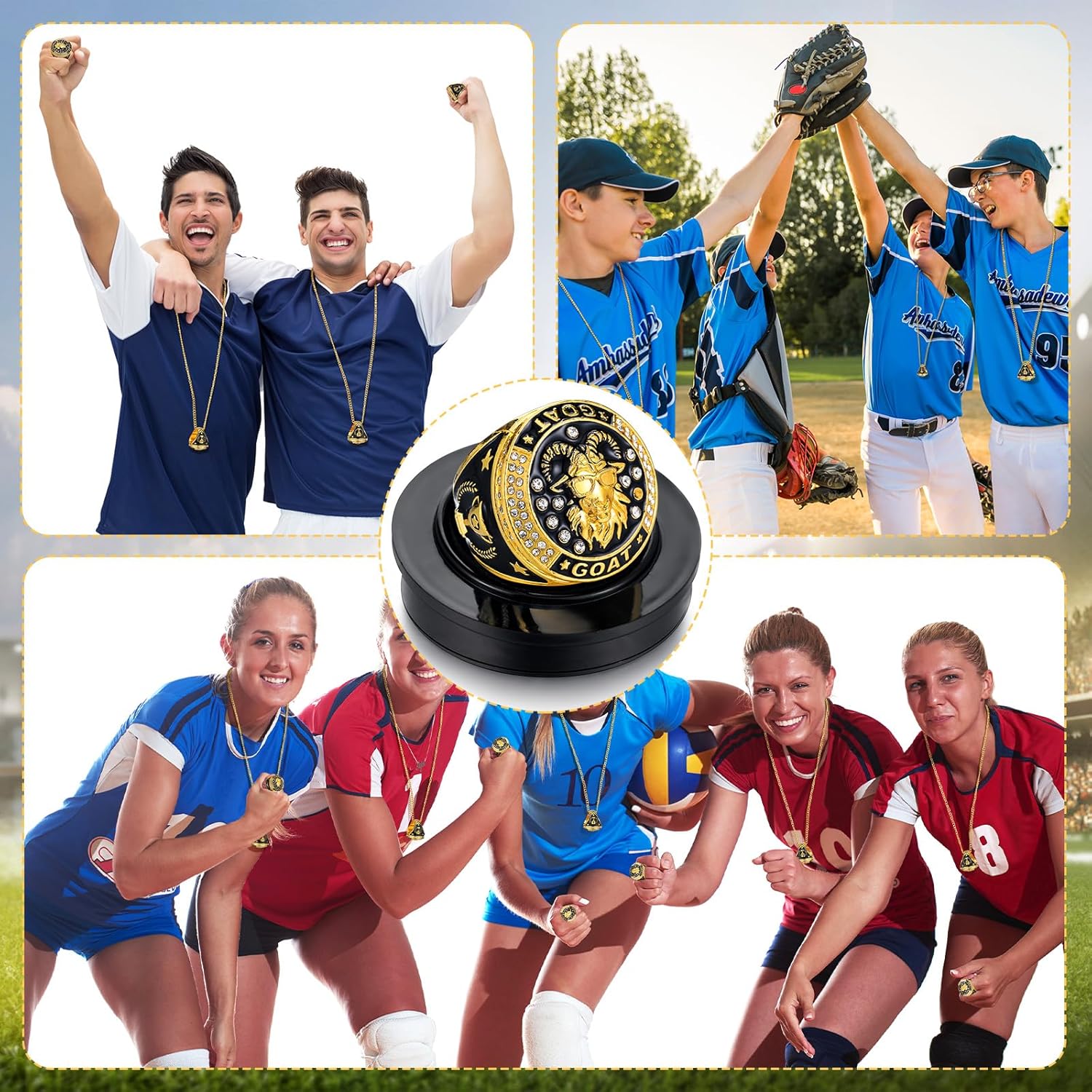 Highergo Goat Championship Trophy Ring with Display Neck Chain and Stand Goat Medal Award Gift Greatest of All Time for Tournament or League Champion Winner Sports Award