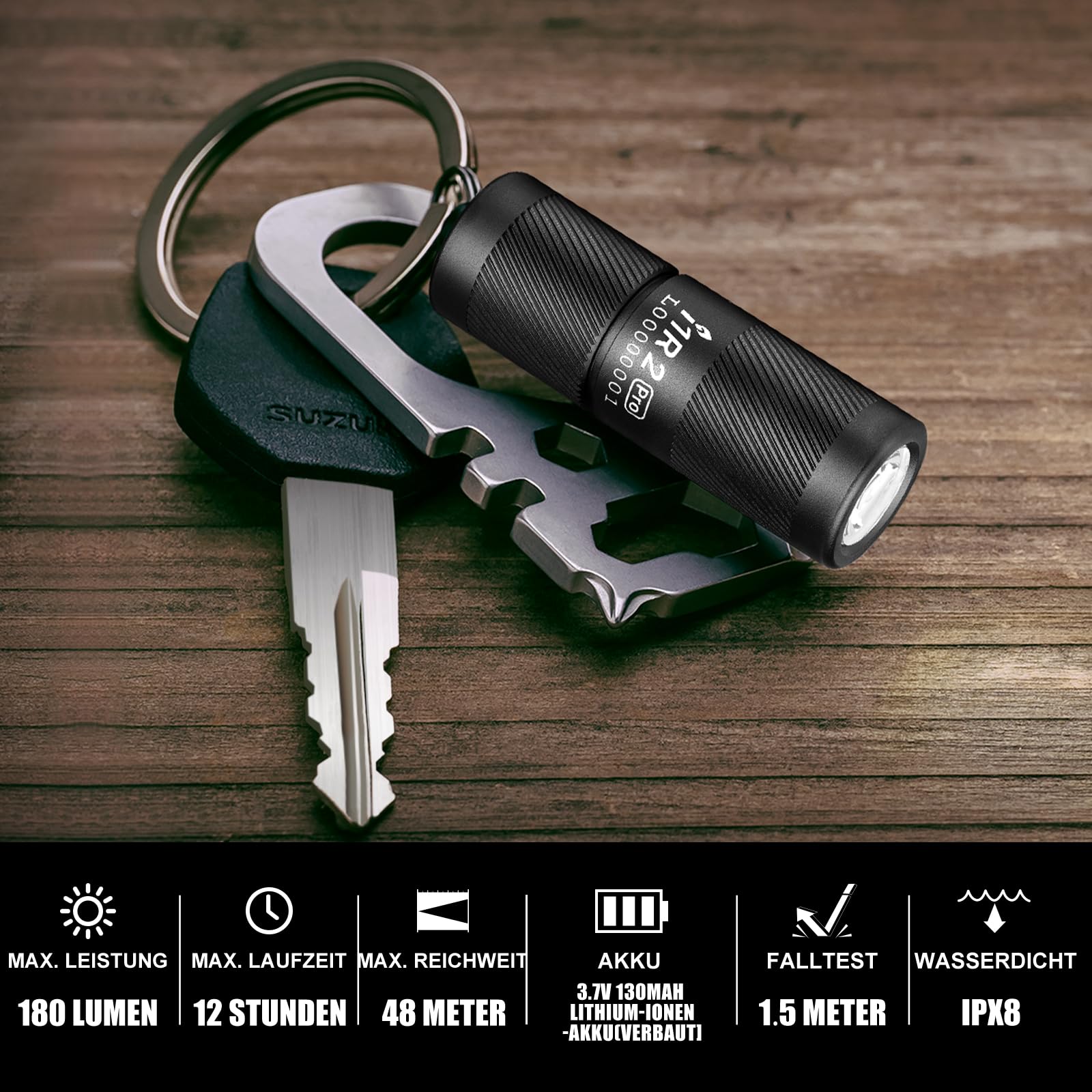 OLIGHT I1R II Pro EOS Mini LED Taschenlampe 180 Lumen Superhelle USB-Aufladbare Handlampe Schlüsselbund, IPX8 und 1,5m Fallschutz kleine Lampen für Outdoor Camping und Repaturen Schwarz
