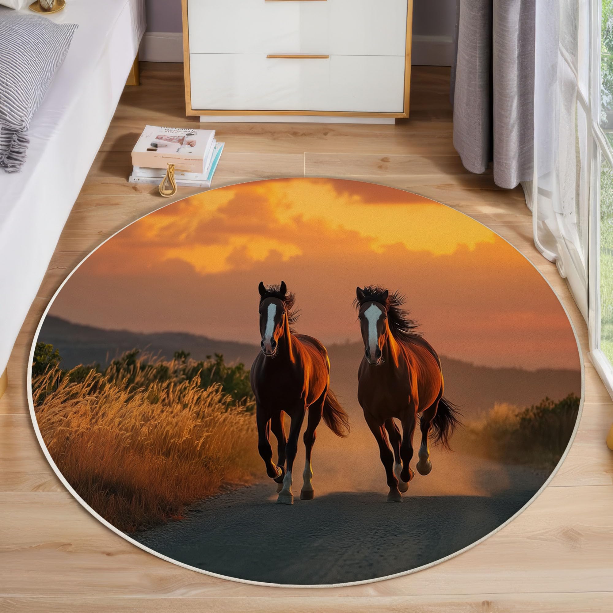 Tapis chevaux au coucher du soleil 200 cm lavable et antidérapant pour grand salon