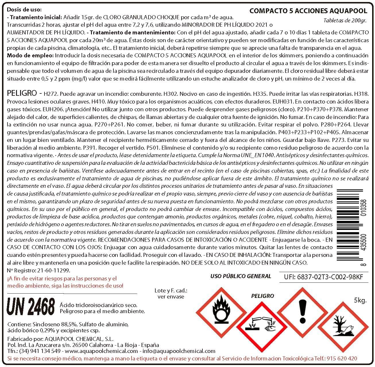 Pack Ahorro 2 uds Compacto 5 ACCIONES AQUAPOOL (200 GR) - Pastillas de Cloro multifunción - Disolución Lenta - Apto Piscinas Liner (2x5 KG)