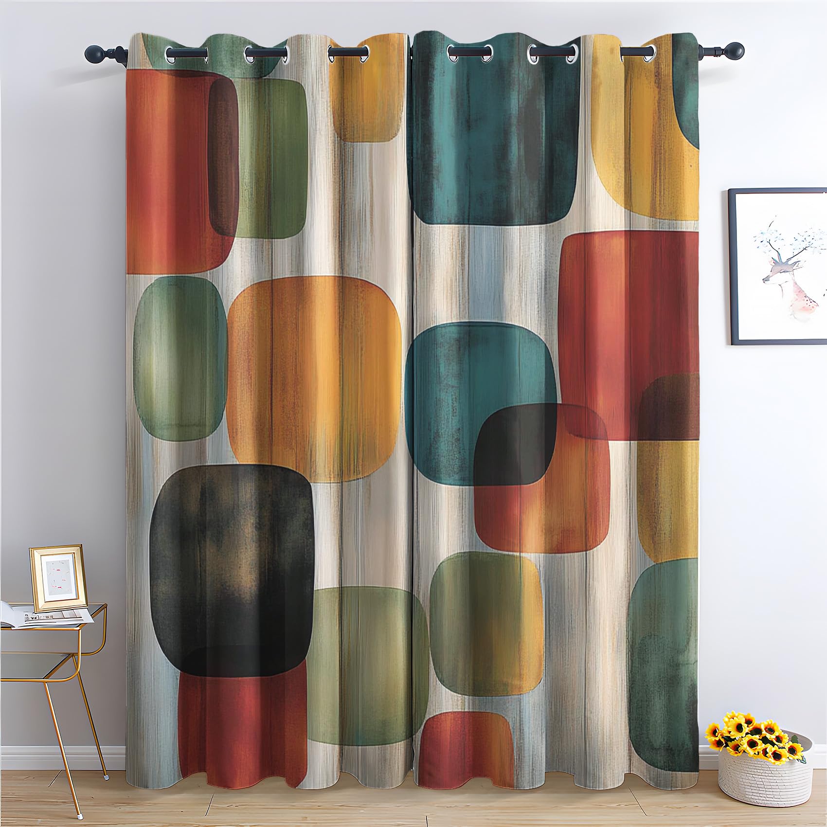 Retro Geometric Blackout Curtains for Living Room, Colorful Abstract Vintage Curtains for Bedroom, Thermal Insulated Noise Reduction Eyelet Window Treatments 72 Drop, 2 Panels Drapes (W66 x L72)