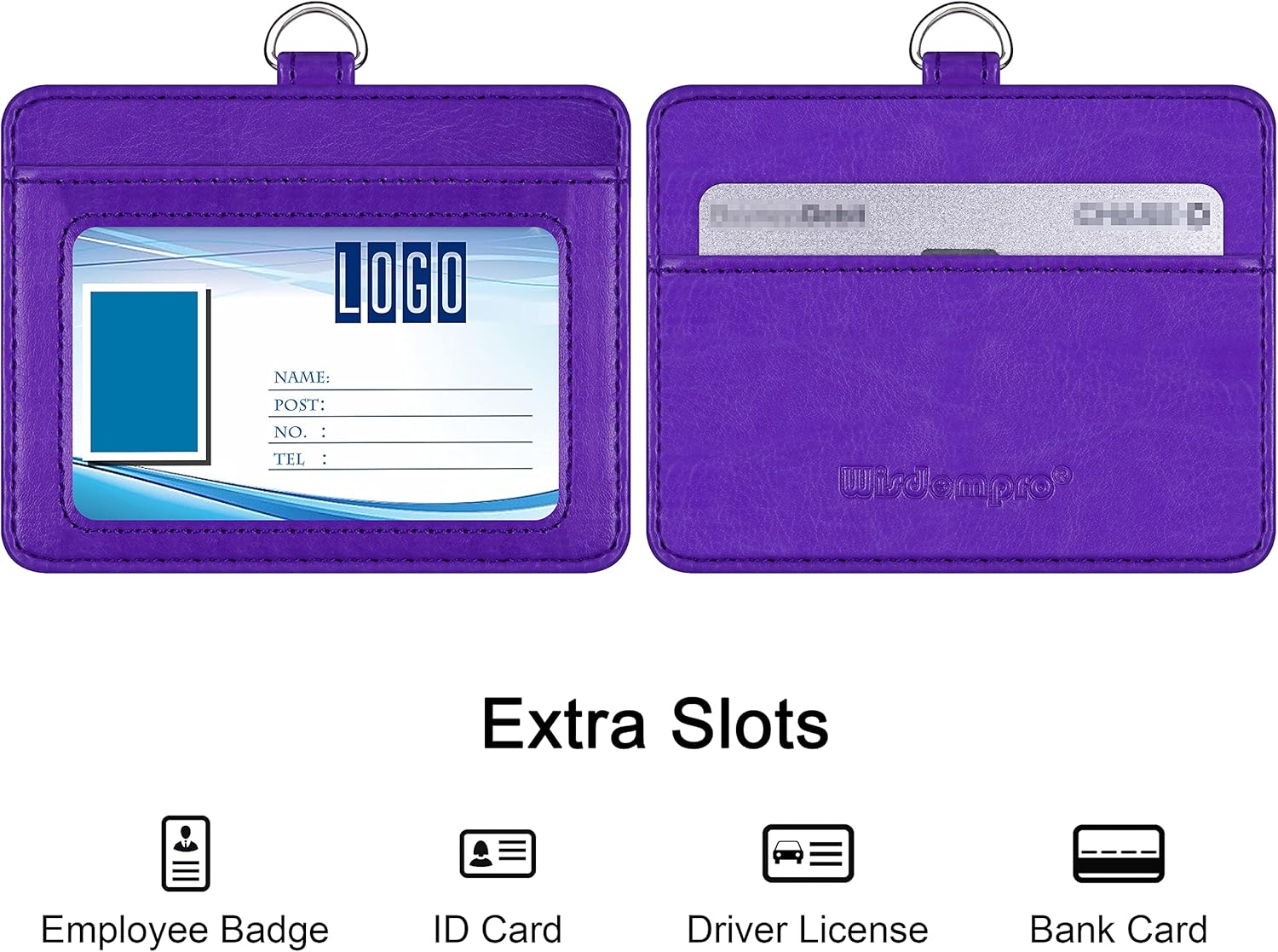 Wisdompro 2-Sided PU Leather ID Badge Holder with 1 ID Window and 1 Card Slot and 1 Piece 23 Inch Adjustable Polyester Detachable Neck Lanyard Strap (Holds 3 to 4 Cards) - Purple (Horizontal) - Image 2
