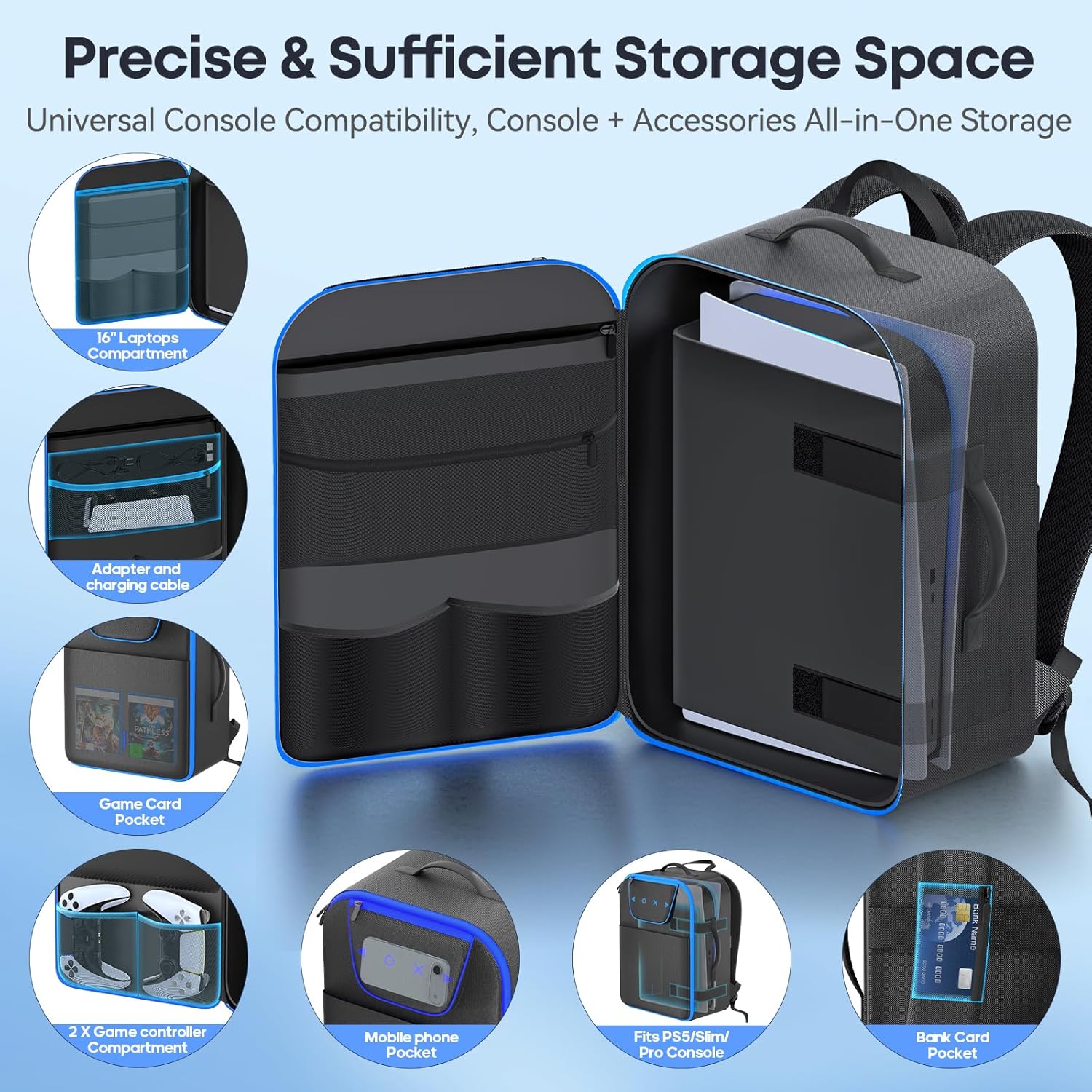 Carrying Case Travel Compatible with PS5/ Slim/ Pro, P5 Backpack Fits 16" Laptop, Protective Travel Bag for Digital/ Disc Game Console, PS Five Accessories for Controller Disk Cable - Image 2