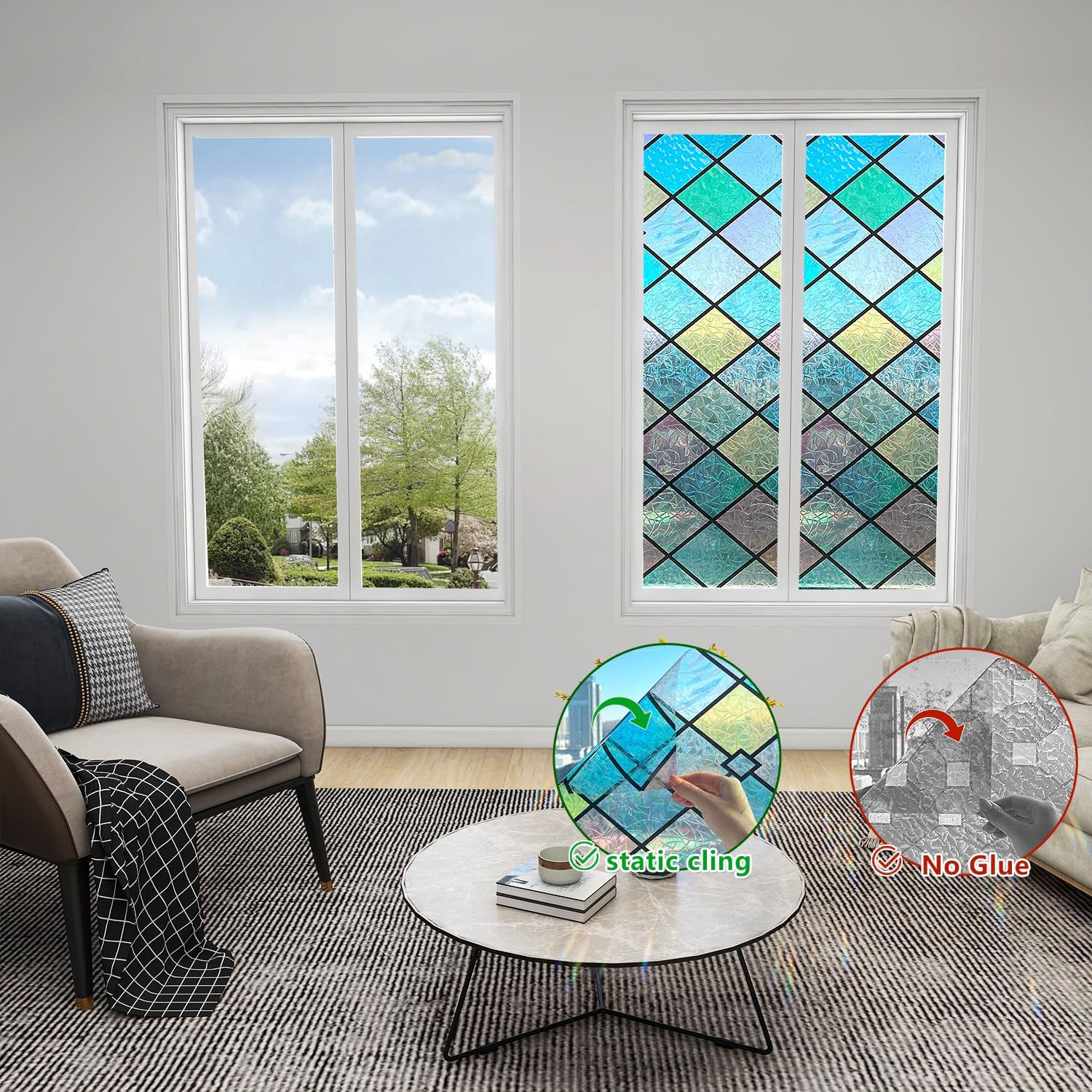 Window Privacy Film Geometric Stained Glass Window Film | Static Cling, Sun Blocking, Removable PVC Decorative Decals for Living Room, Home Door, Colored Grid, 23.6inx78.7in