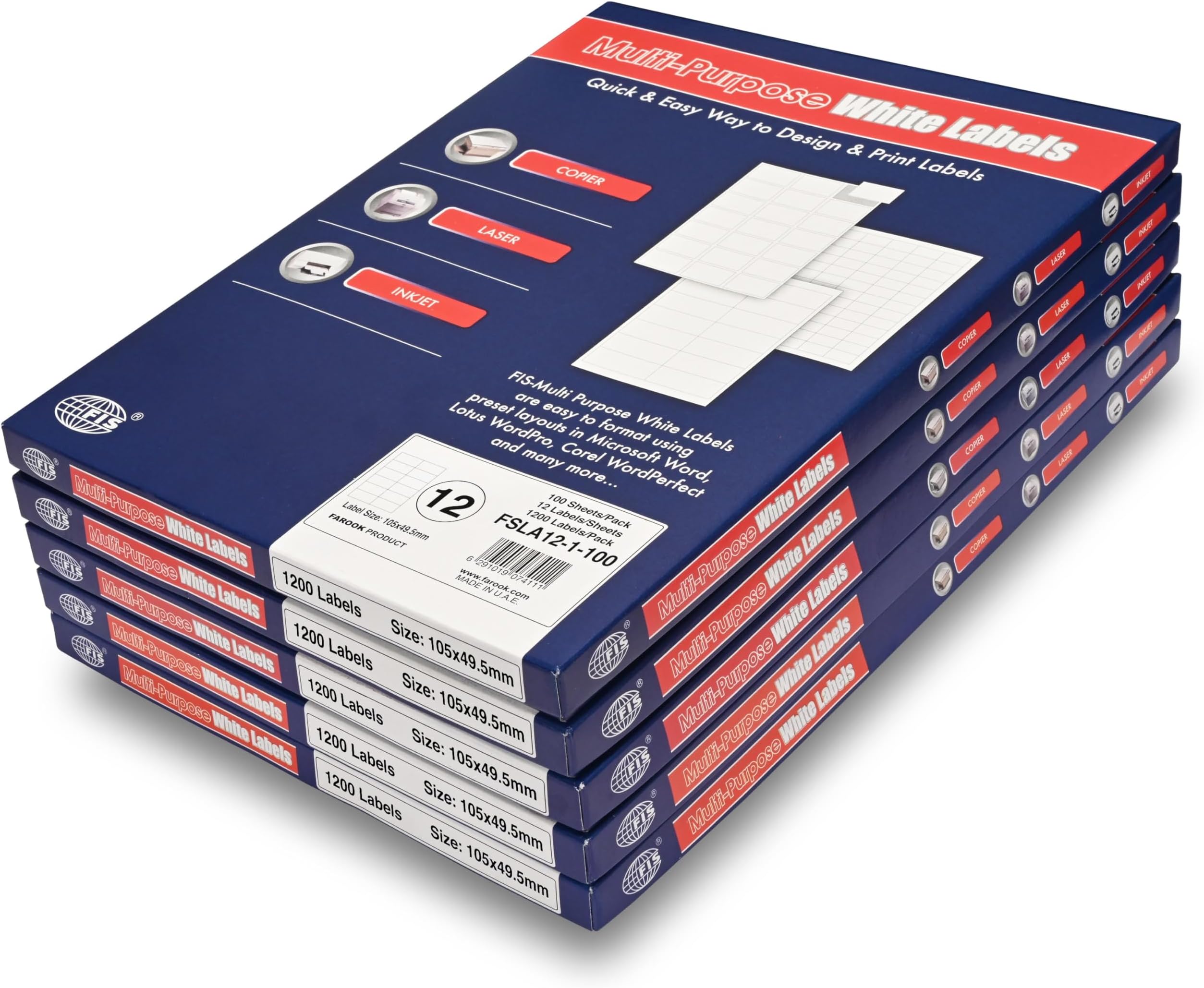 FIS Pack of 5, Multi-Purpose Laser Labels, A4 Sheets (210x297mm), 105x49.5mm Stickers, 12 Labels/Sheet, 100 Sheets x 5 (6000 Labels), Plain White - FSLA12-1-100/5