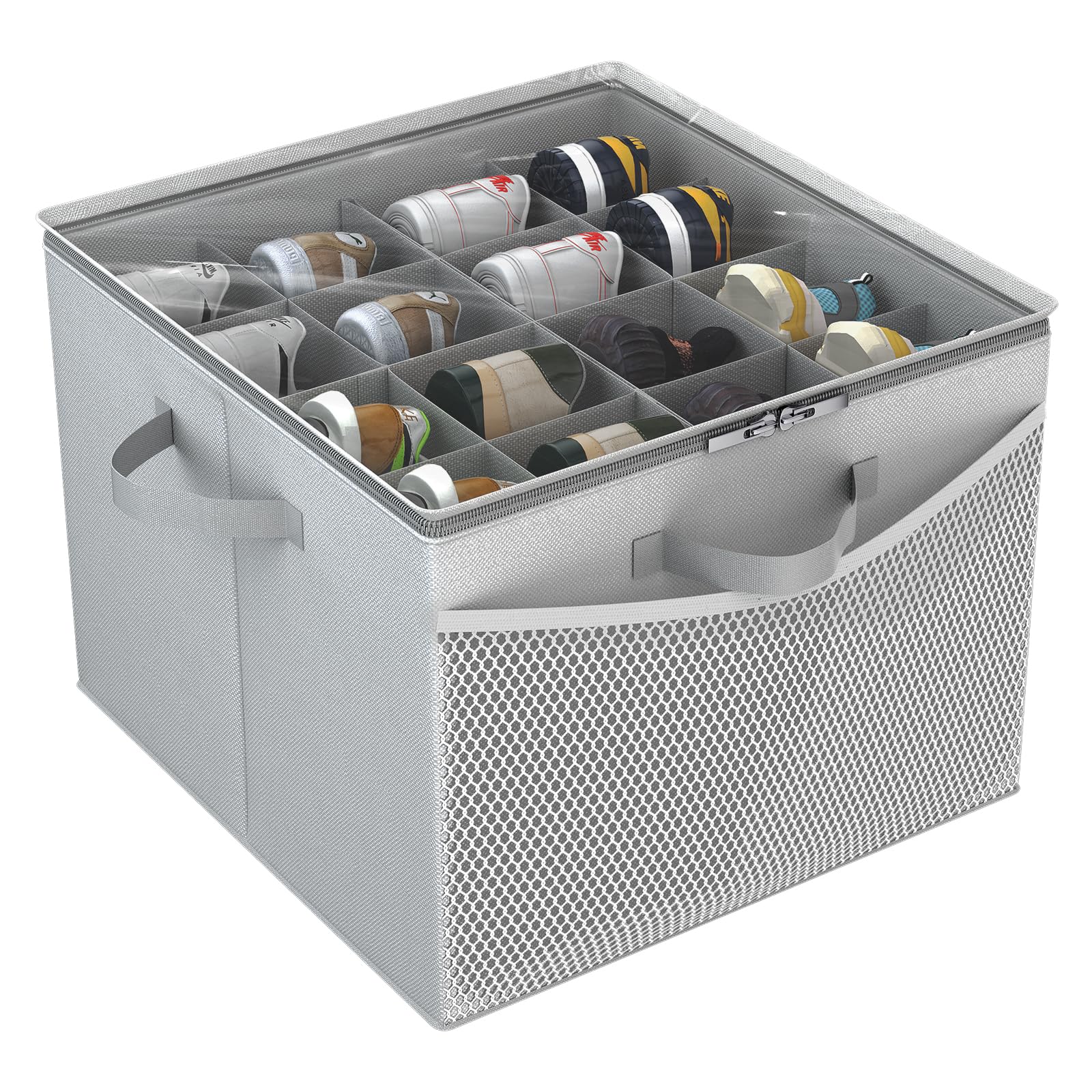 BinWhizShoe Storage Box with Adjustable Dividers - 16 Compartments, 17.1 x 17.1 x 12.2 Inches, Closet Shoe Organizer with Transparent Cover and Zipper Closure (Gray)