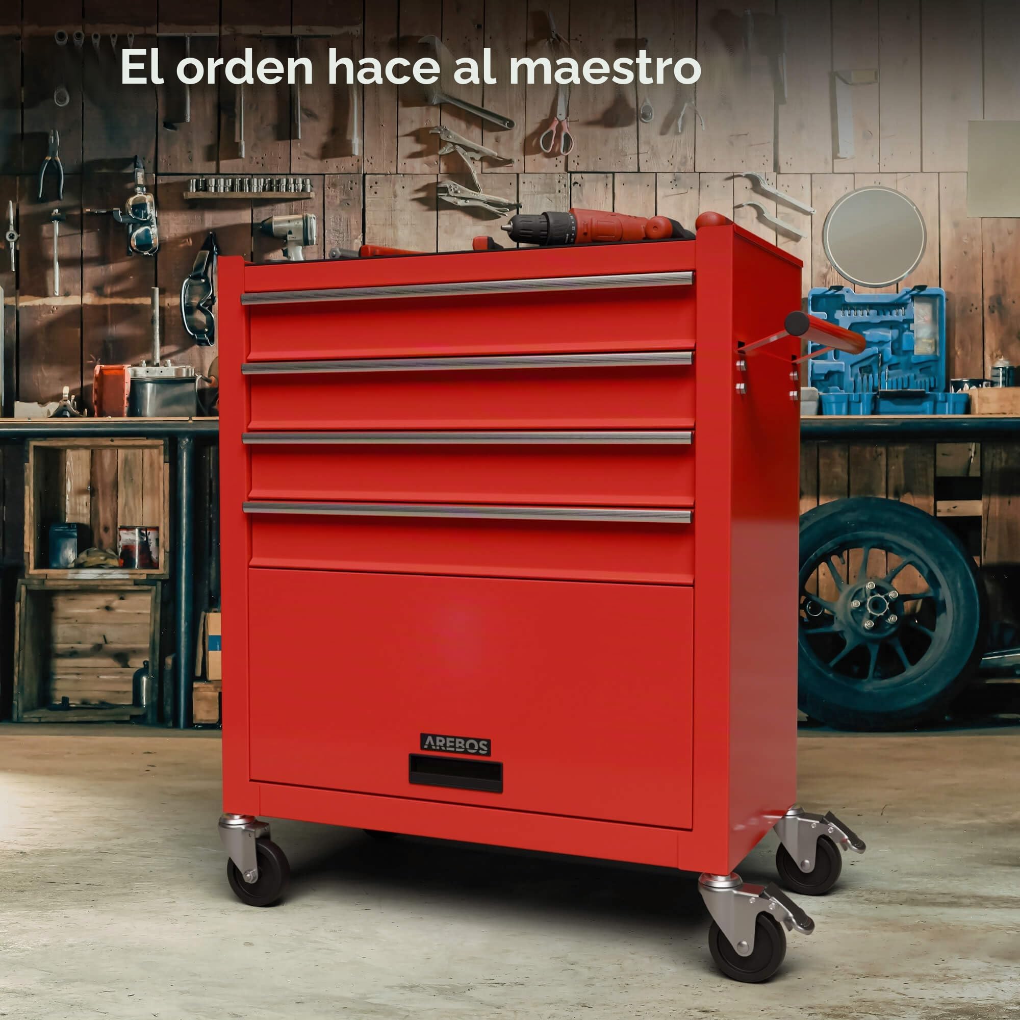 Arebos Carro de Taller con 4 Compartimentos | Incluye 81 Herramientas, Carro de Herramientas Equipado | Alfombrillas Antideslizantes | 2 Ruedas con Freno de estacionamiento | Rojo