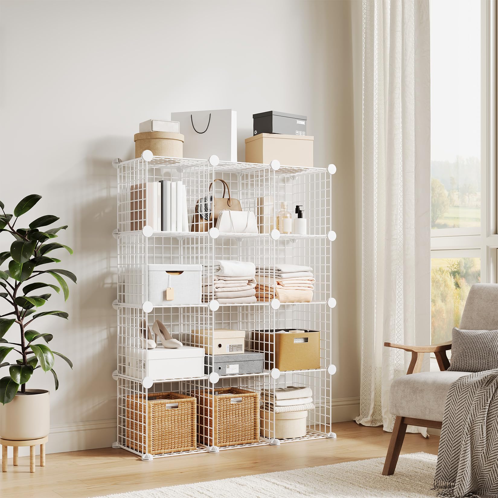 Scaffale a griglia metallica a 12 cubi, per camera da letto, ufficio, ingresso, fai da te, 94 x 32 x 97 cm, bianco, versatile e salvaspazio