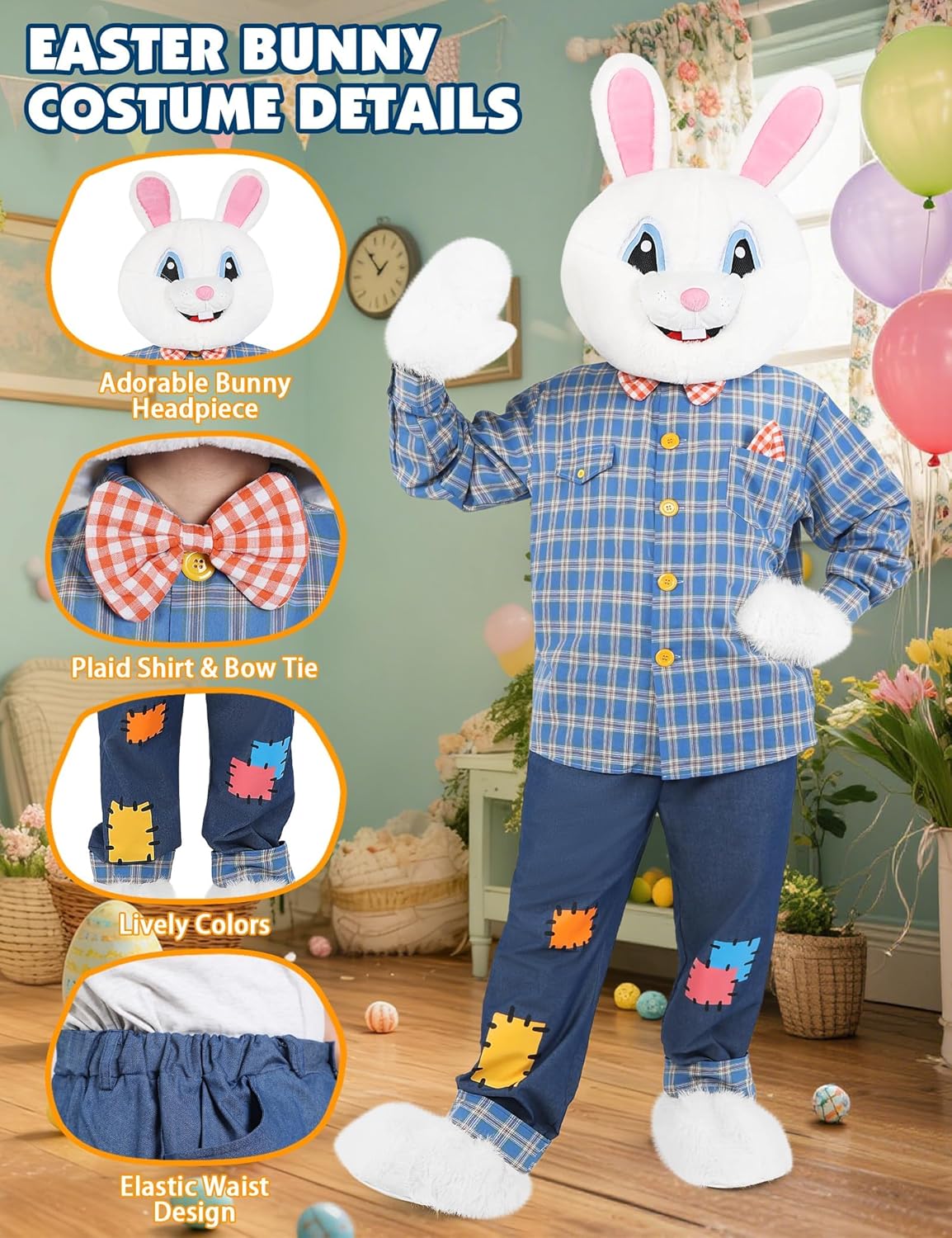 Easter Bunny Costume Adult, 7 PCS Deluxe Rabbit Mascot Outfit for Men Women, Professional Plush Cartoon Suit Dress Up - Image 5