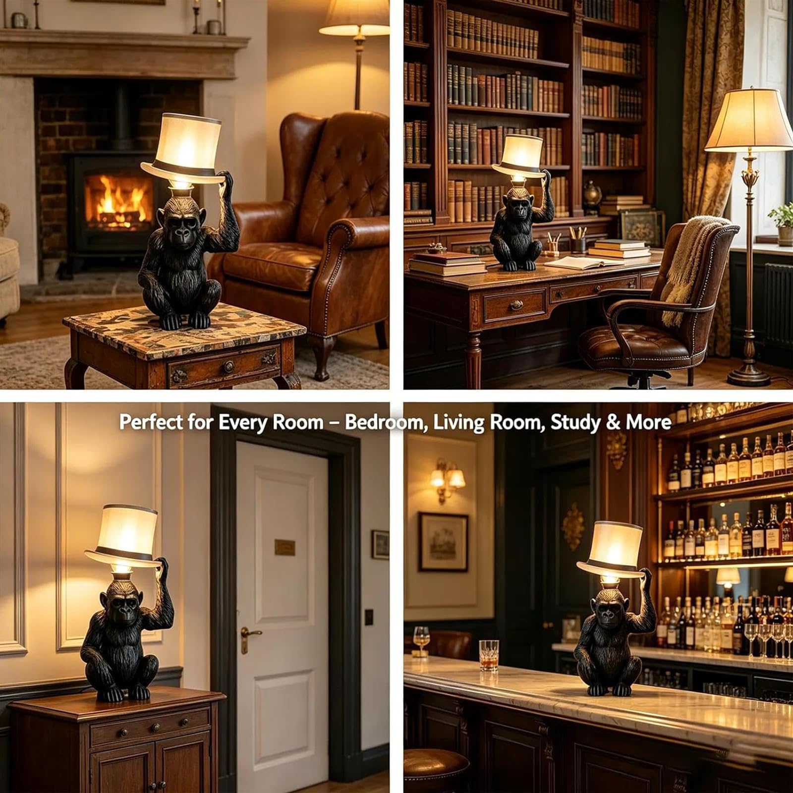 HTU Lampada da tavolo scimmia con cappello cilindro, decorativa e creativa, ideale per ufficio e stanza, 2 pezzi