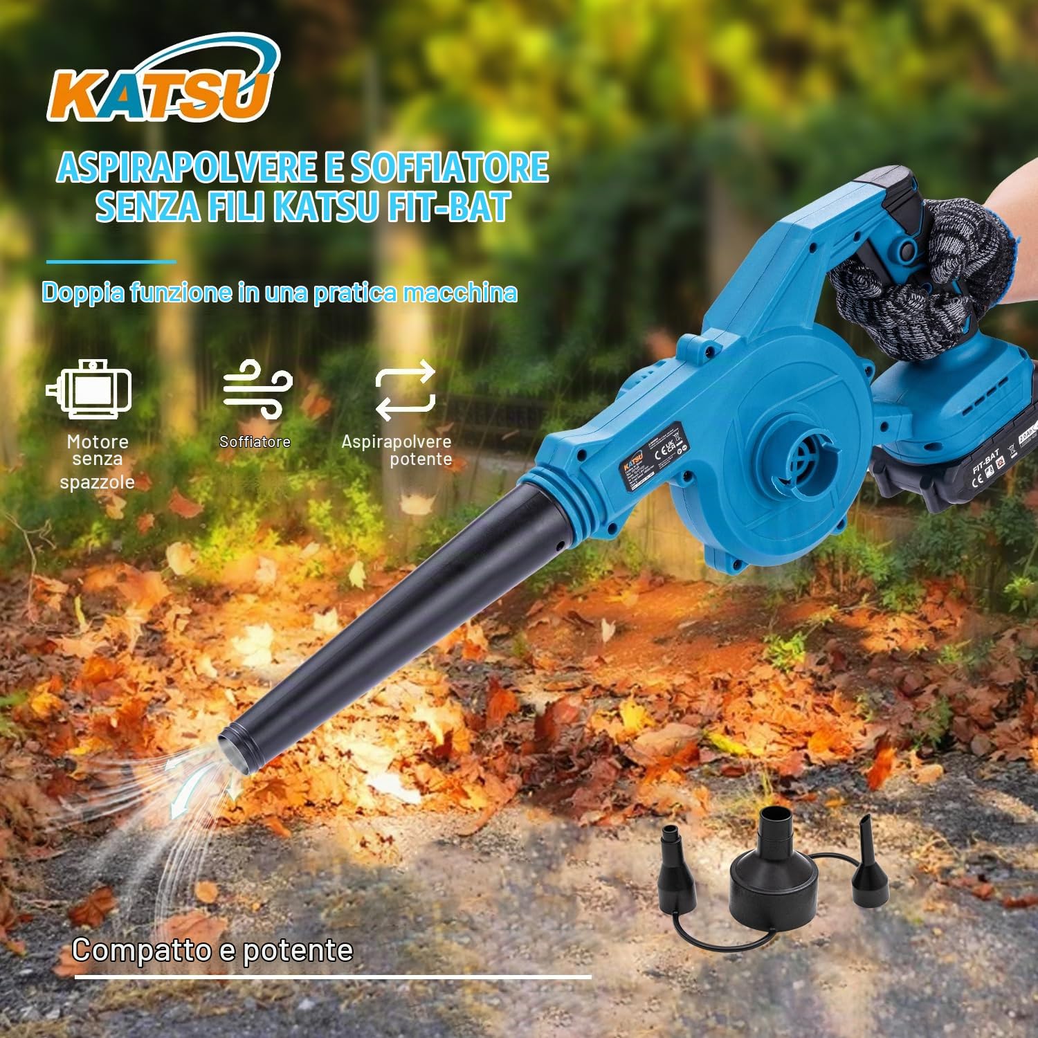 KATSU FIT-BAT 21V Soffiatore a Batteria Brushless con 1.5 Ah Batteria e Caricabatterie, Portatile per Foglie di Polvere d'Aria per la Cura del Prato del Giardino