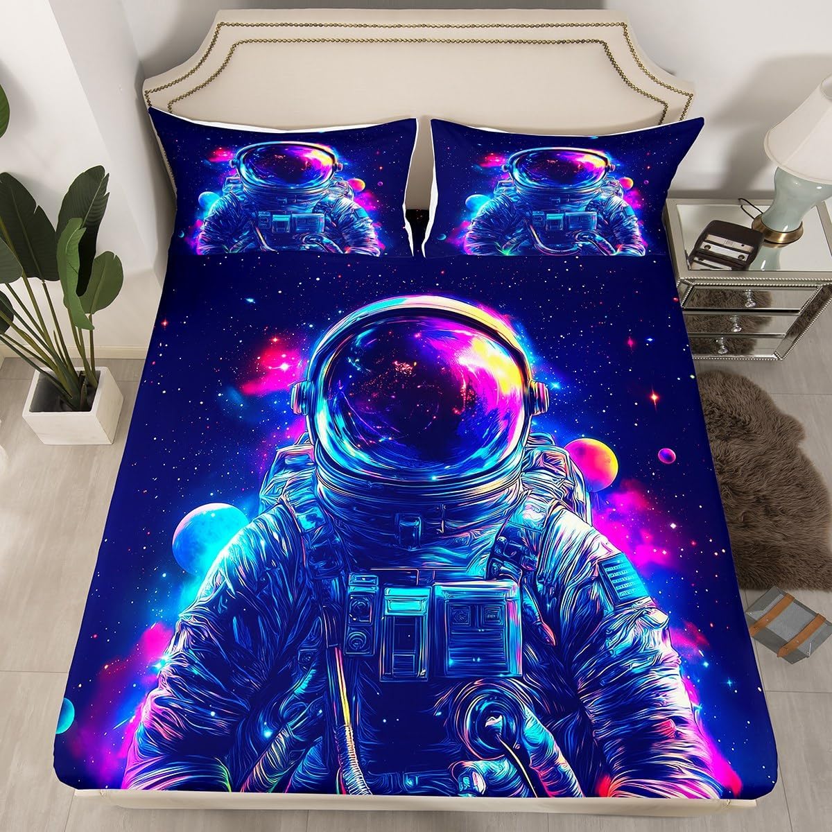 Astronaut Fitted Sheets Full Size,Space Theme Bedding Set 3Pcs Neon Colorful Star Planet Flat Sheet for Kids Boys Teens Girls Room Decor,Galaxy Universe Deep Pocket Sheet,2 Pillowcases