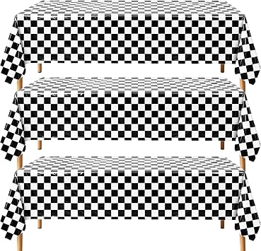 3Pcs Black White Checkered Plastic Tablecloths Race Car Table Cover Black