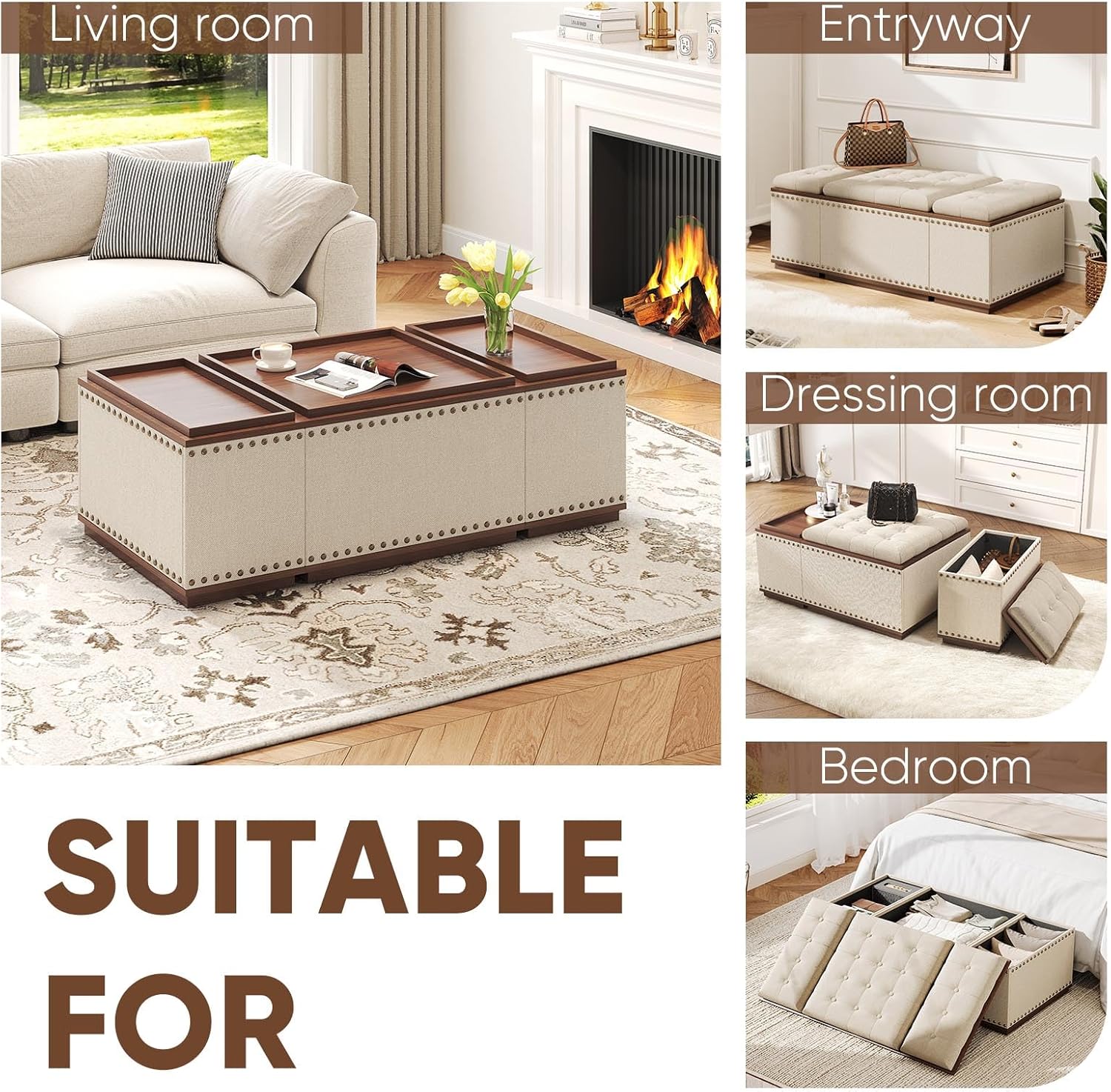 HSH 47 Inch Ottoman Coffee Table with Storage, Living Room Ottoman Bench with Reversible Tray for Bedroom Entryway, 3-in-1 Modern Large Wide Upholstered Foot Rest Storage Chest Stools Ottomans, Beige