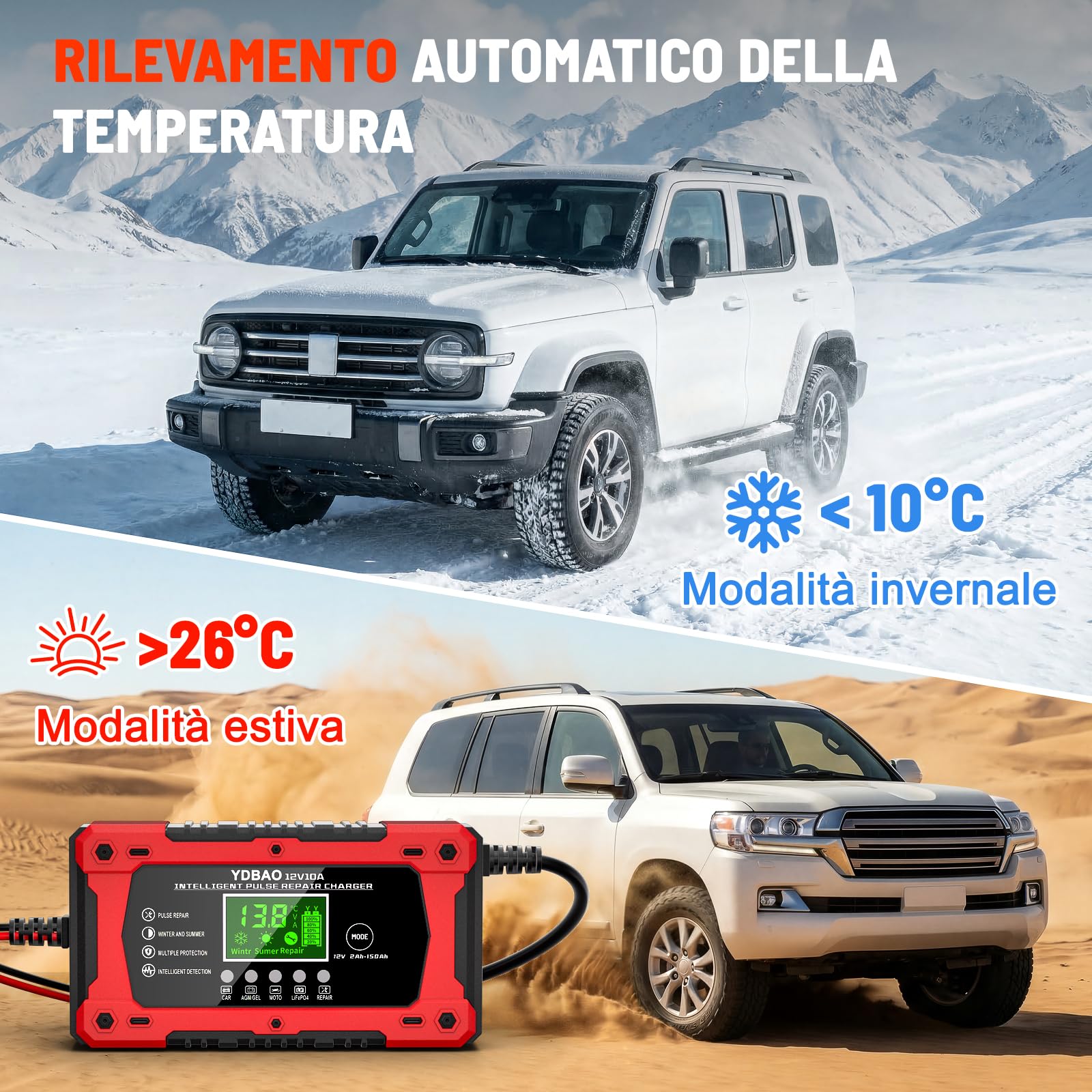YDBAO Caricabatterie Auto 10A 12V Multi Protezioni Carica Batteria per Auto Intelligente Mantenitore di Carica Auto Moto con Schermo LCD per Moto, Barche, Auto, Batteria AGM, LiFePO4