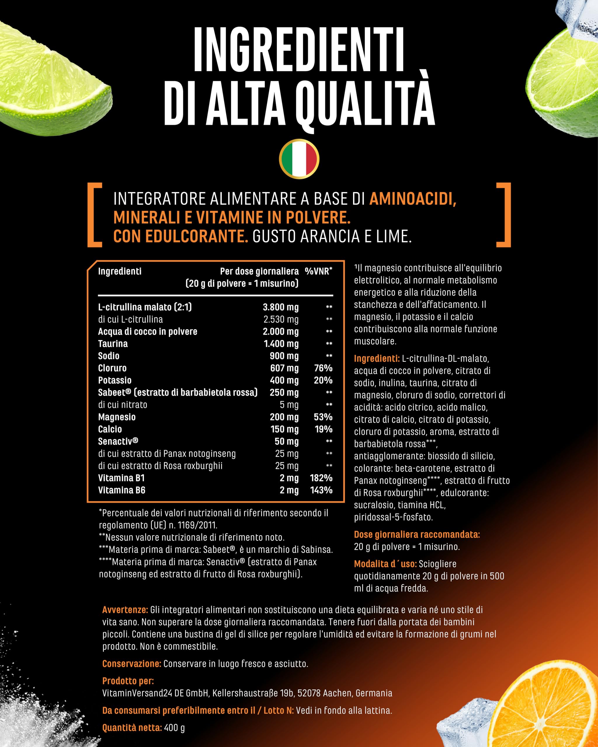 Performance Electrolytes - 400 g (20 Porzioni) - Advanced Hydration Matrix con Sodio, Potassio, Magnesio, Calcio e Cloruro - con Citrullina e Taurina - Senza Zucchero - Vegano - Gusto Arancia Lime