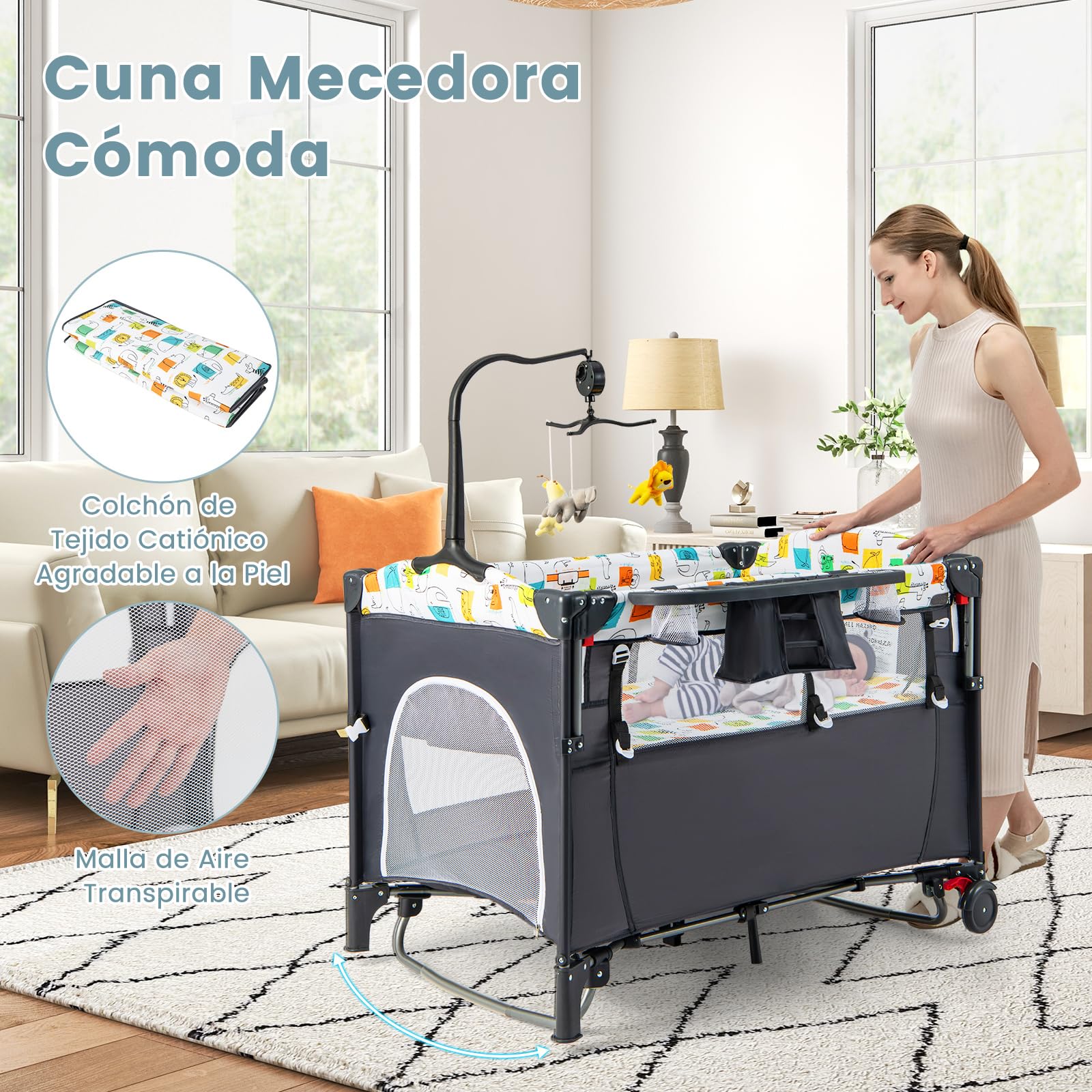 GOPLUS Cuna de Viaje Bebe 5 en 1 con Cambiador, Colchón, Juguetes Colgantes, Caja de Música, Altura Ajustable, Ruedas, Centro de Actividad, Cama Plegable para Bebé 0-3 Años, Carga 15 kg (Gris)