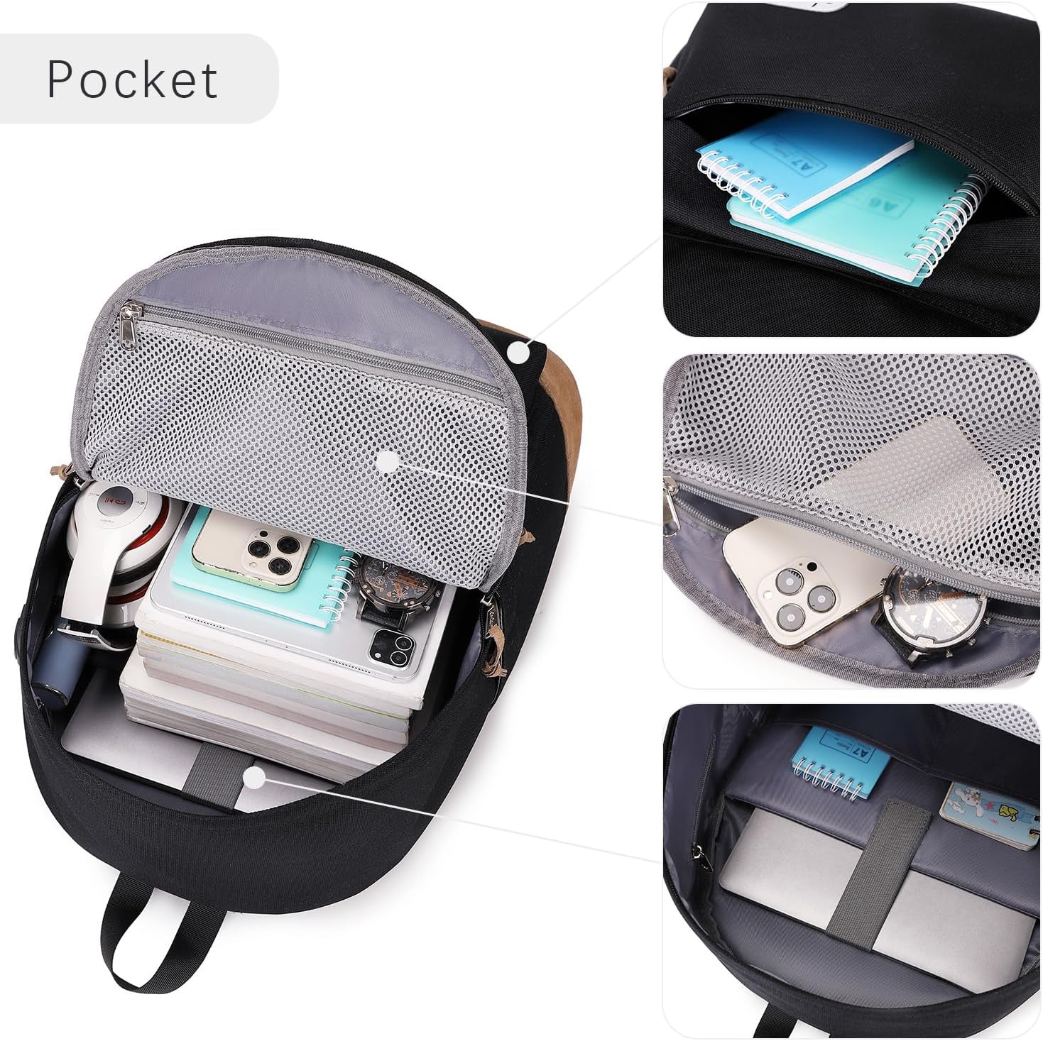 abshoo Classical School Backpack For Middle High School Water Resistant Bookbag College Travel Daypack (Black) - Image 4