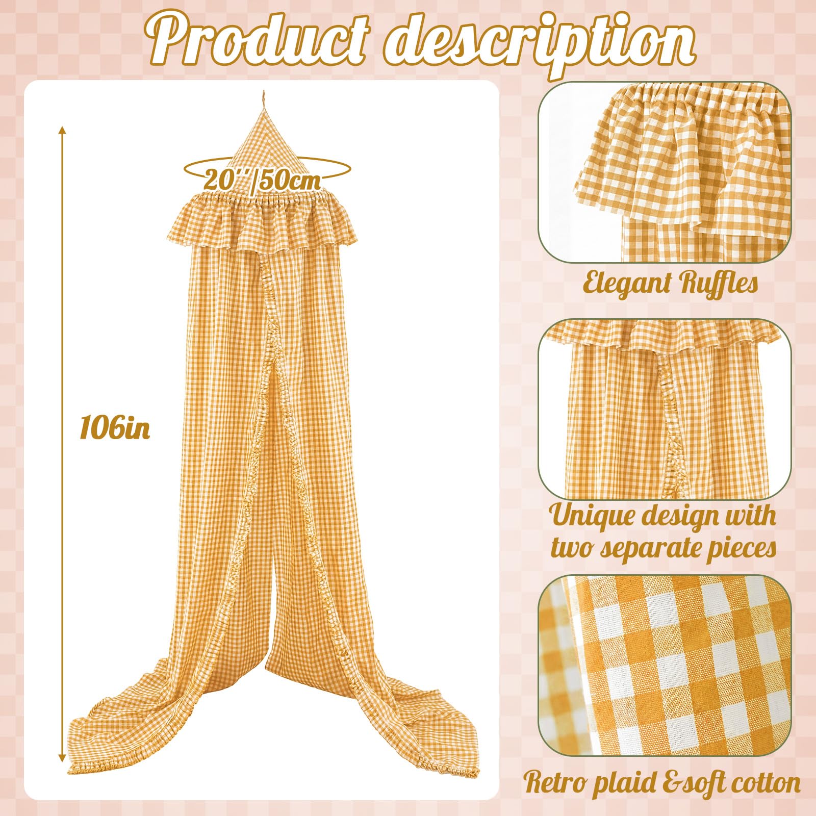 SmoothNovelty Gingham Plaid Bed Canopy with Ruffles Soft Vintage Style Decorative Tent for Reading Nook Play Area or Adult Bedroom Circus Tent Canopy(Yellow) — view 2