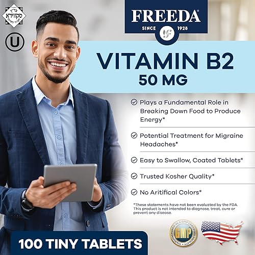 Miniatura 2 de Freeda Vitamina B2 Riboflavina 50mg - Metabolismo energético, alivio del dolor de cabeza de migraña, salud del sistema nervioso, antiinflamación -