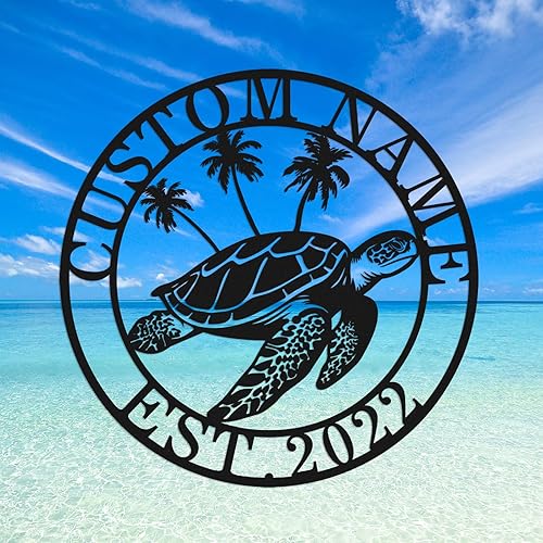 Letrero de metal personalizado de tortuga de palmera y mar, letrero de metal personalizado de tortuga de palmera de playa, letrero de tortuga