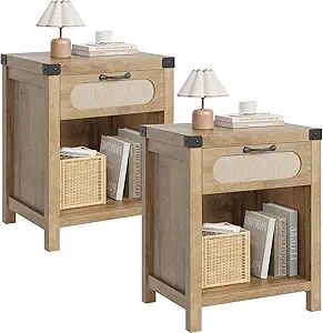 GarveeHome Rattan Night Stands Set of 2, Farmhouse Bedside Table, Night Stand with Drawer and Open Shelf, Boho End Table for Living Room,Bedroom, Natural