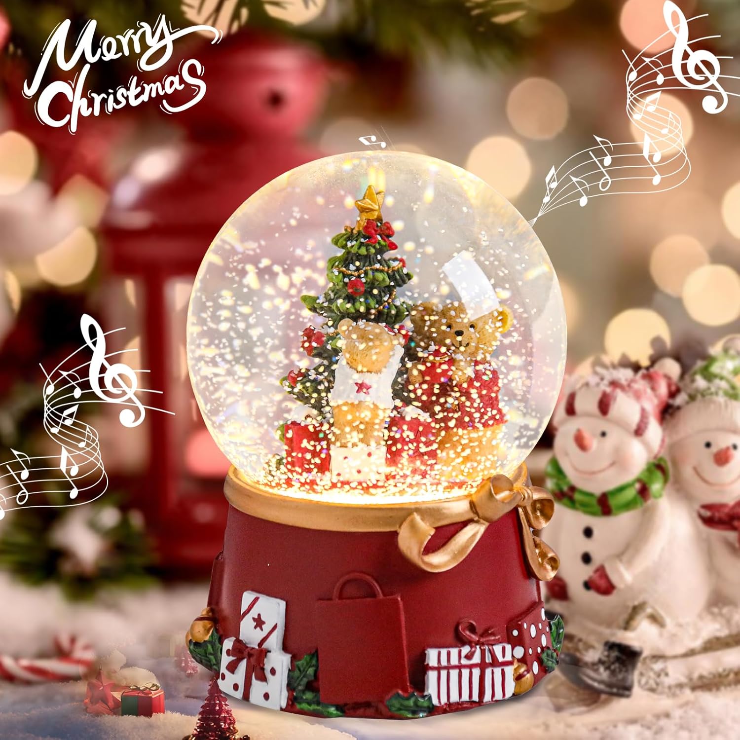 VCUTEKA Snow Globe, Christmas Snow Globe Color Changing Battery Operated Lighted Musical Snow Globes for Kids Gift and Home Décor, Bears Gold