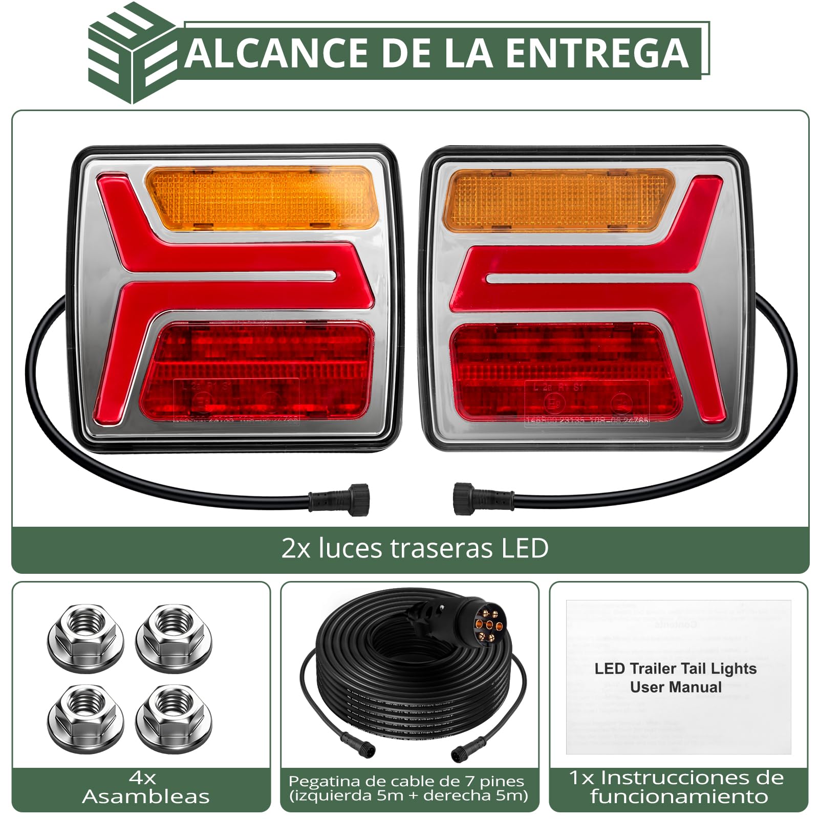 EYPINS 2X Luces Traseras para Remolque 35 LED y 7 Pines, 12V Pilotos Traseros IP67, Instalación fija con Cable 10m, Luz de Freno, Intermitente e Iluminación de Matrícula, Turismos,Camiones,Caravanas