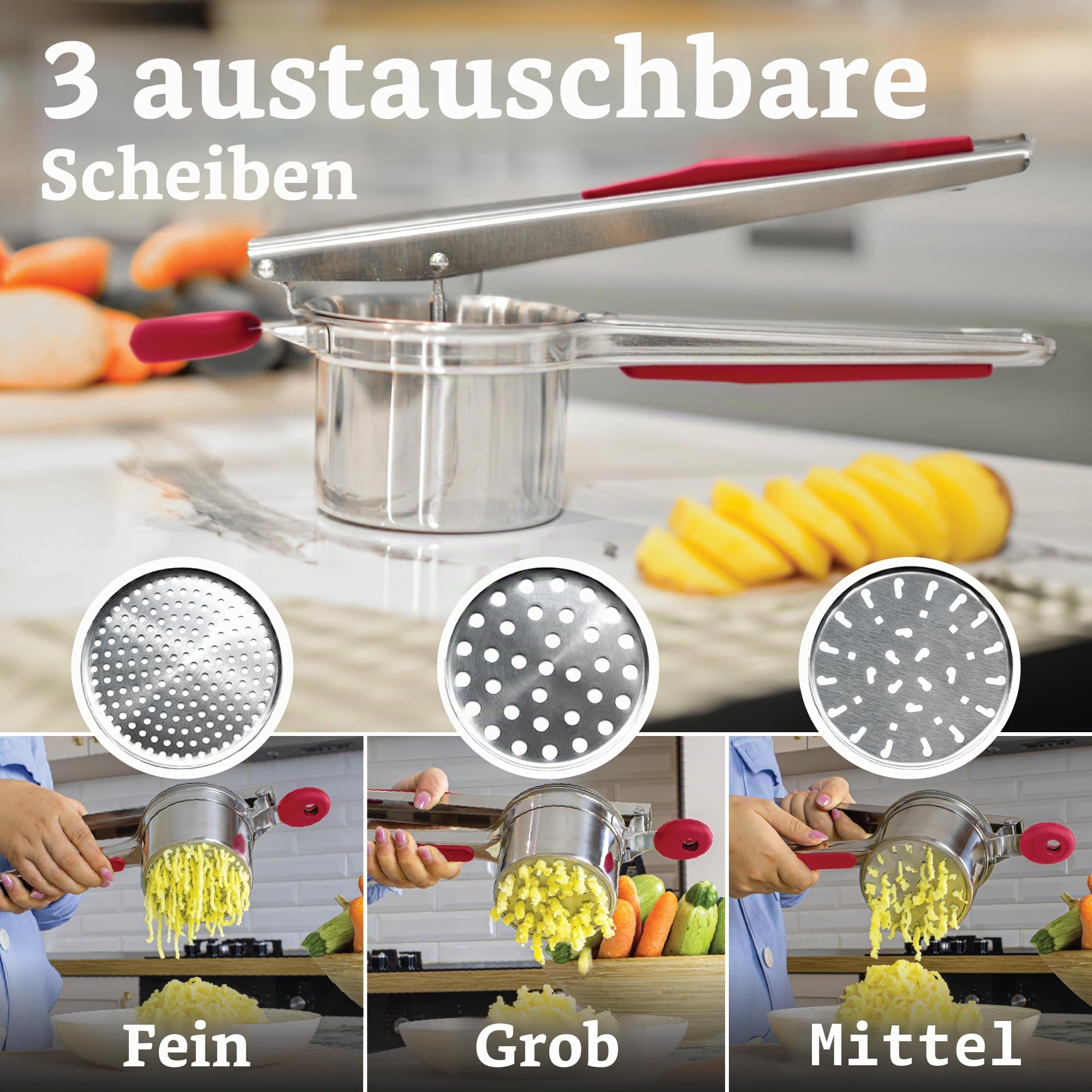 PriorityChef Große Kartoffelpresse mit 3 Scheiben, robuste Edelstahl-Kartoffelpresse für Kartoffelpüree, Kartoffelstampfer, Presse und Presse, Küchenwerkzeug, Rot