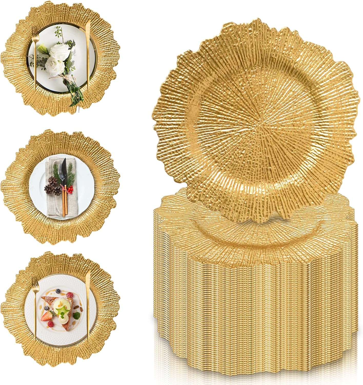 PROY 200Pcs Charger Plates Set Bulk, 100 Pcs 13'' Gold Reef Charger Plates 100 Napkin Ring for Dinner, Gold Chargers for Table Setting, Wedding