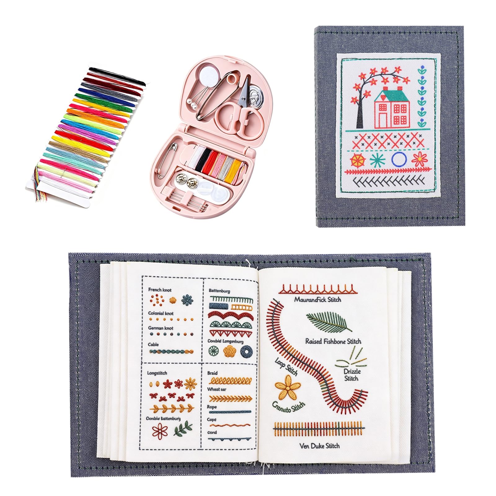 Thhiit Multicolor Embroidery Stitch Book Kit, Portable Embroidery Sampler Book With Needle Thread Tools For Moms Craft Lovers Beginners